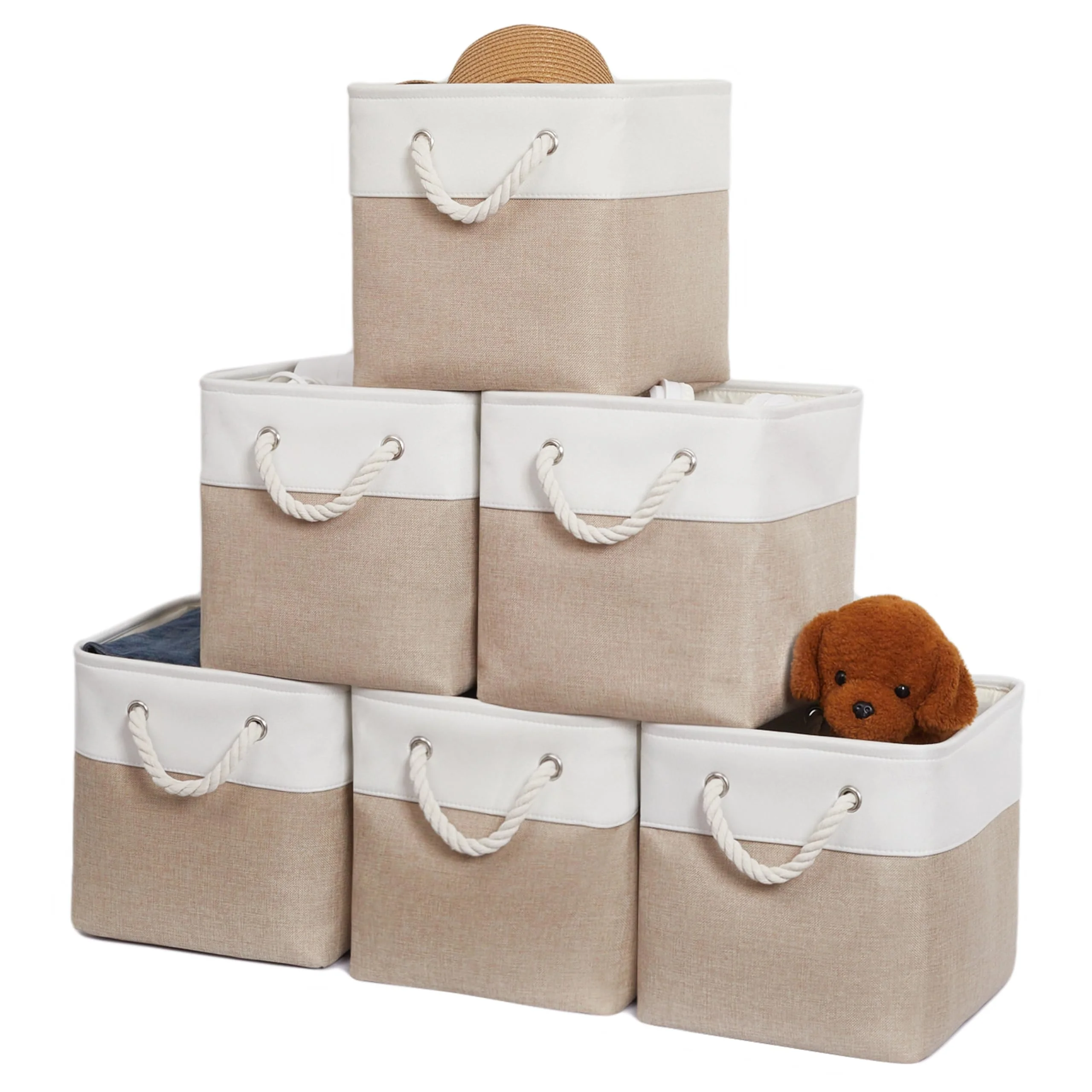 ICEMOR 28x28 cm Aufbewahrungswürfel,6er-Set großer Aufbewahrungskisten mit Griffen,zusammenklappbare Aufbewahrungskörbe,ideal zum Ordnen von Haushalten,Büros,Kleiderschränken Kleidung (Weiß&Beige)