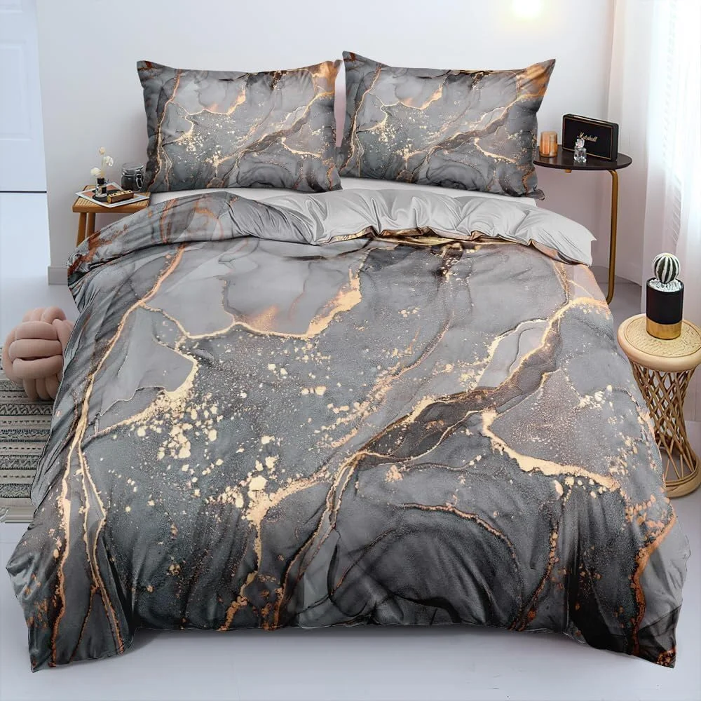 Luowei 3D Bettwäsche 155x220cm Grau Gold Marmor Muster Modern Mikrofaser Bettbezug mit Reißverschluss und 2 Kissenbezüge 80x80cm