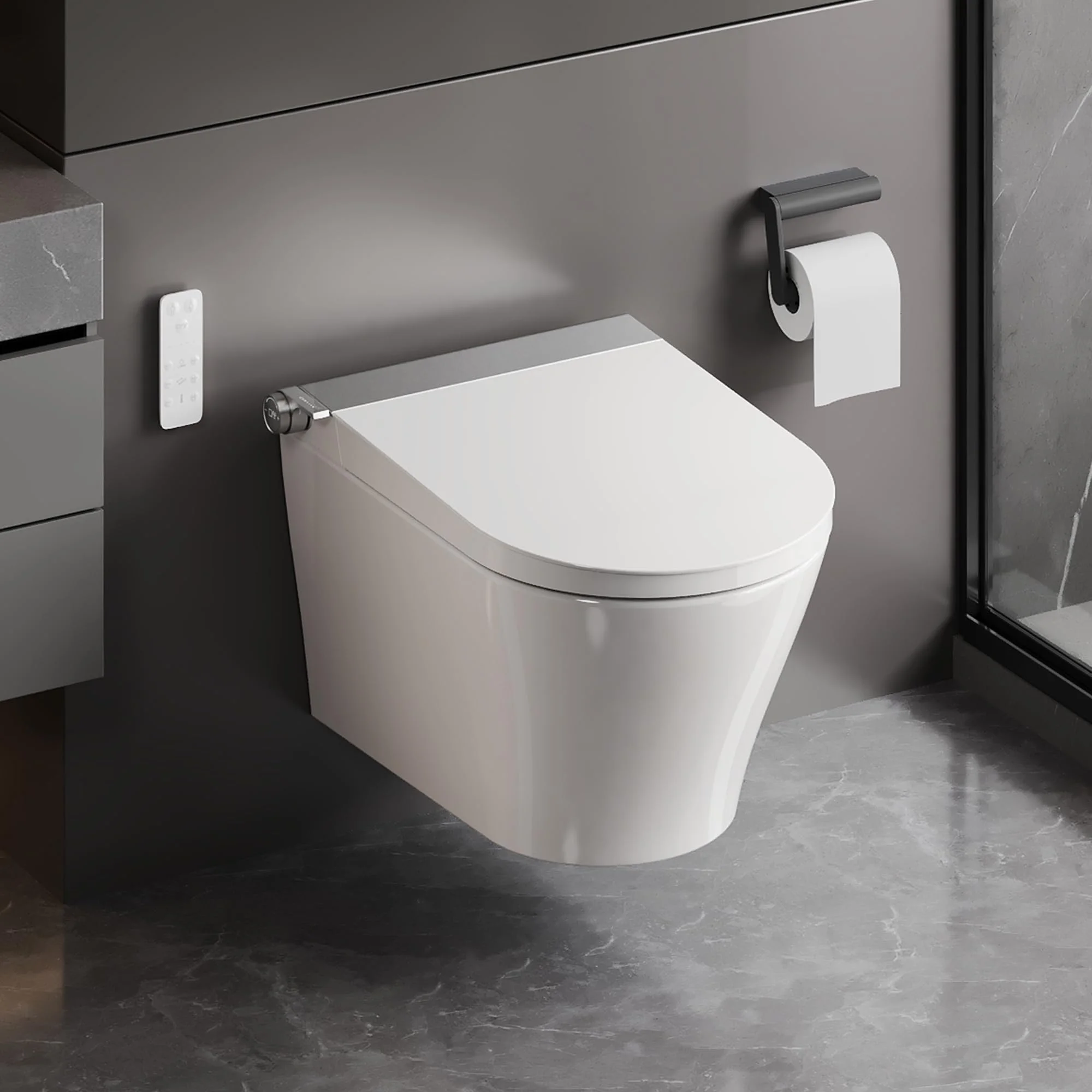 Dusch WC Wandhängend mit Bidet Funktion, WC mit Duschfunktion & Warmlufttrockner, Japanische Toilette mit Fernbedienung, Selbstreinigende Düse, Spülrandlos, Kompatibel mit Unterputz-Spülkasten