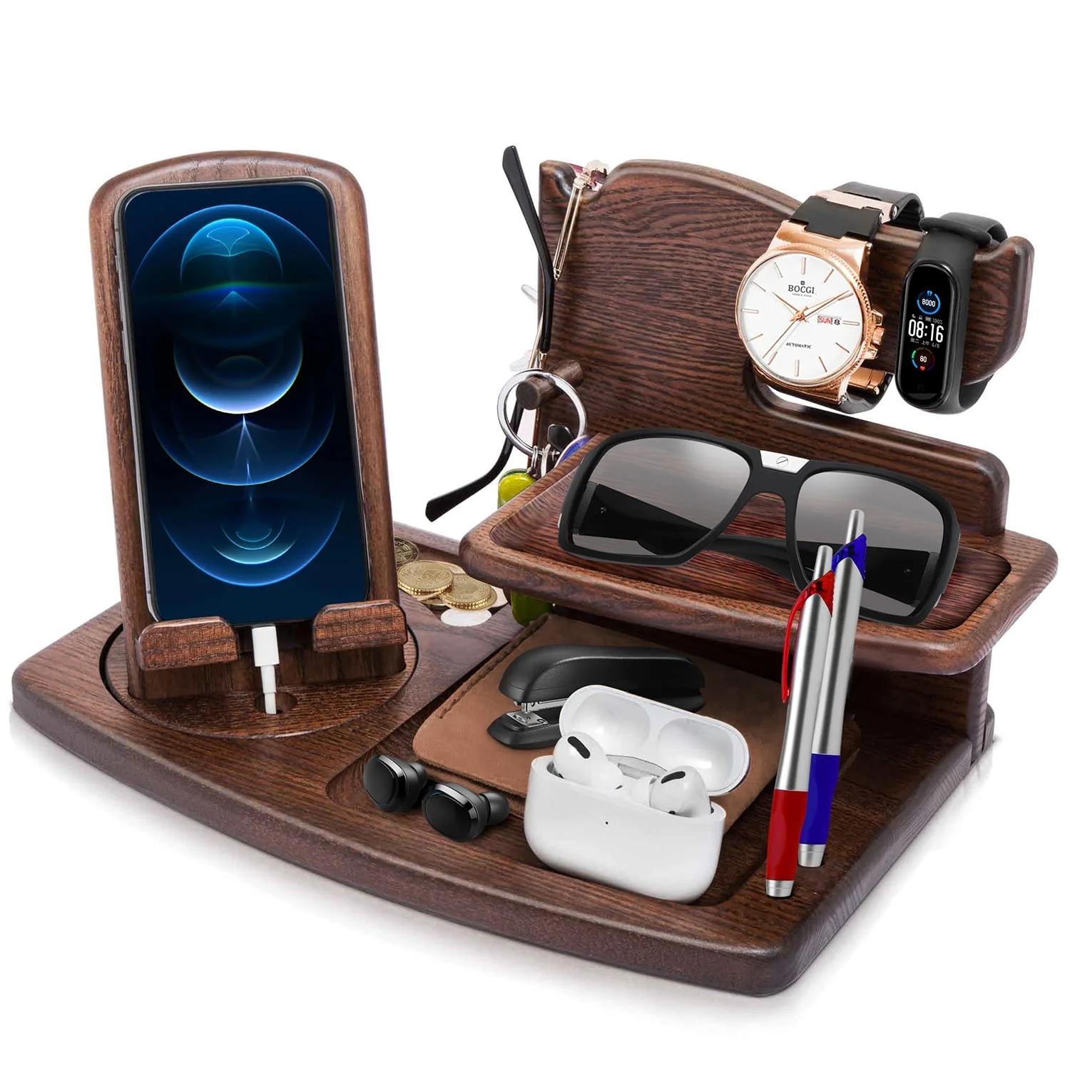 Geschenke für Männer Weihnachten Holz Telefon Dockingstation Uhren Geldbörsen Nachttisch Organizer Geburtstag Geschenk Papa, Geburtstagsgeschenke für Männer oder Vater Schreibtisch Organizer Holz