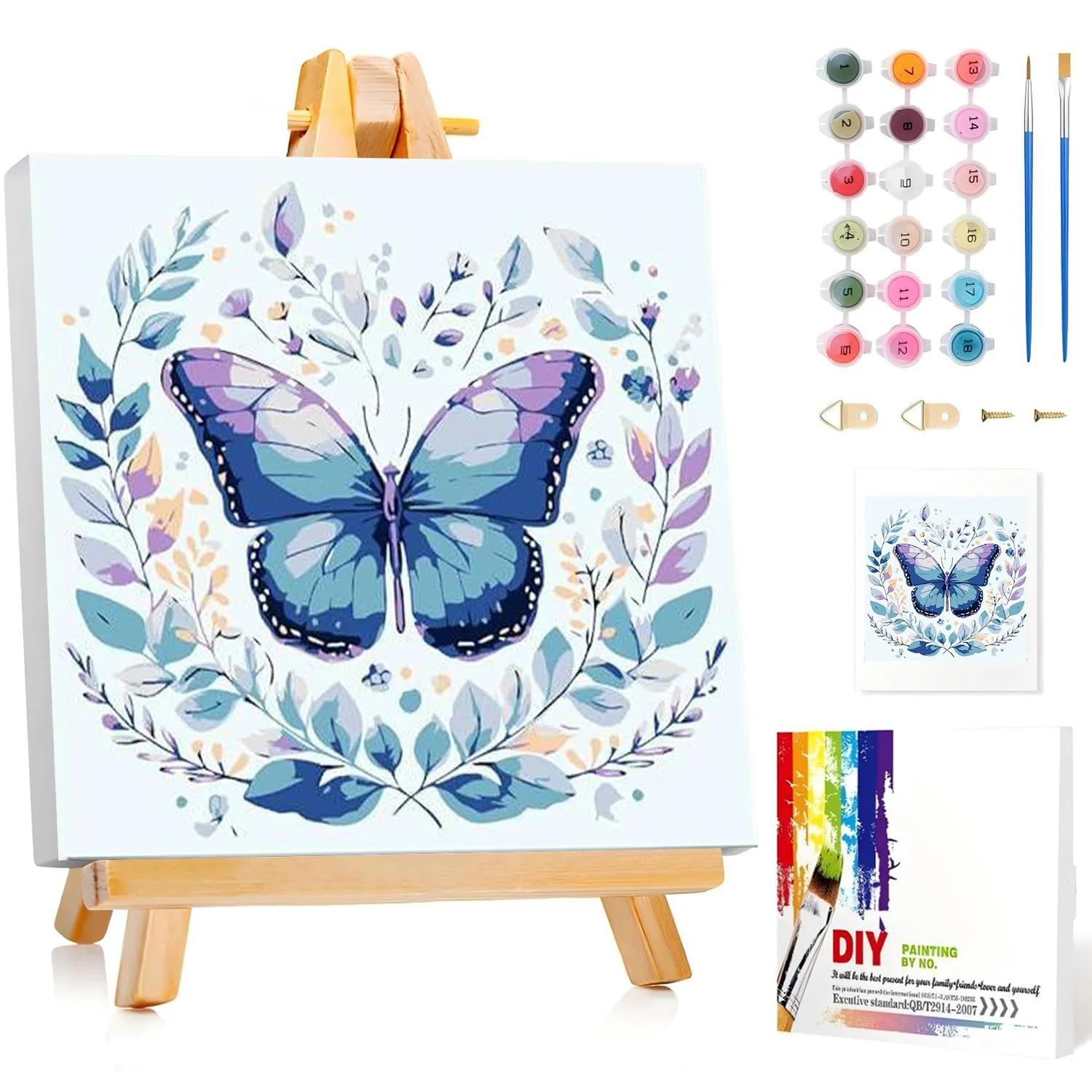 Miquans Art Malen Nach Zahlen Kinder mit Holzrahmen, Butterfly Malen Nach Zahlen ab 5 6 7 8 9 10 Jahre Mädchen und Junge, Paint by Numbers für Geschenke und Wand Dekoration 20x20 cm