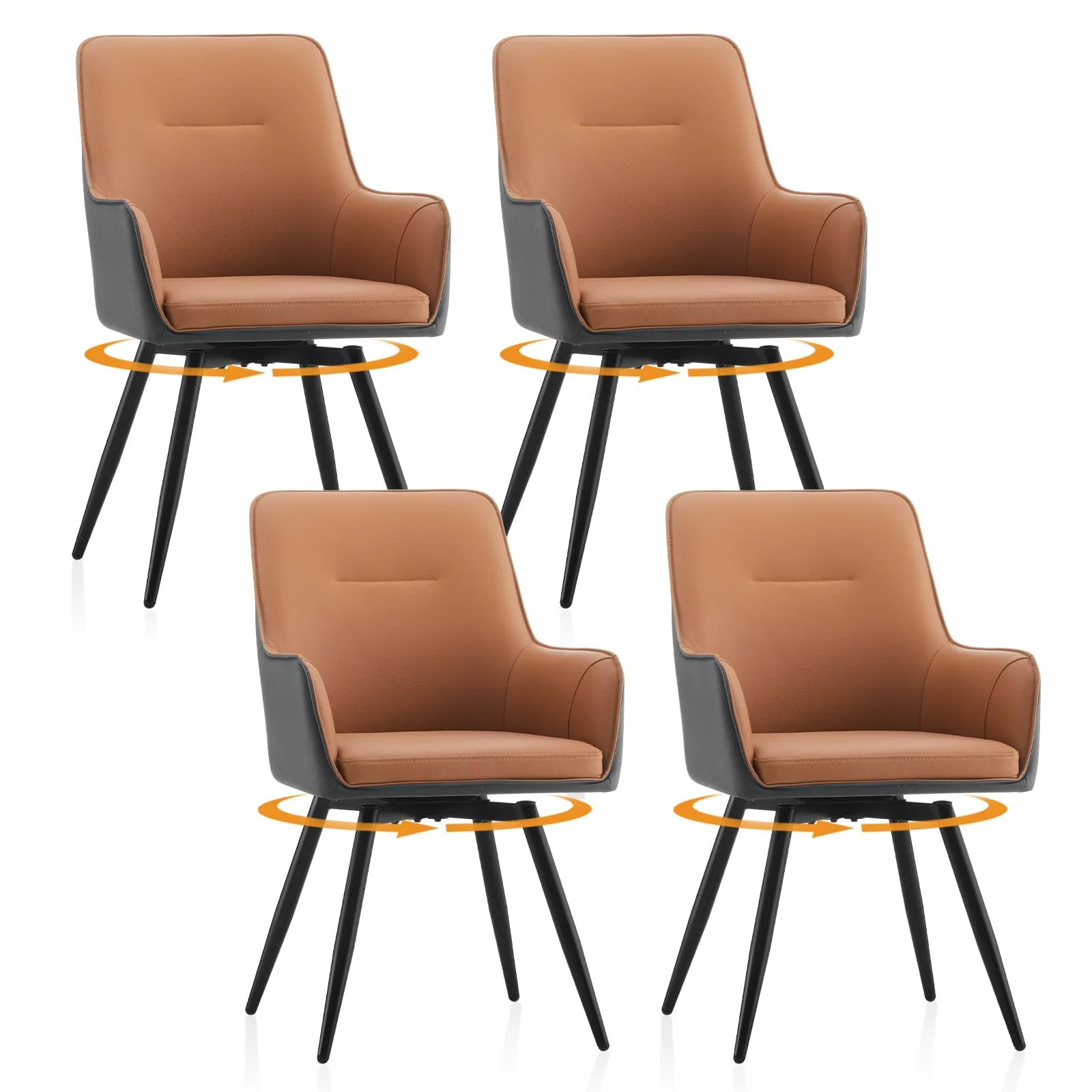 TUKAILAI Esszimmerstühle Drehbar 4er Set Kunstleder Drehstuhl Esszimmer mit Armlehne Polsterstuh Gepolsterter Sitz Metallbeine Armlehnenstuhl für Esszimmer Wohnzimmer Büro (braun-grau, 4er Set)