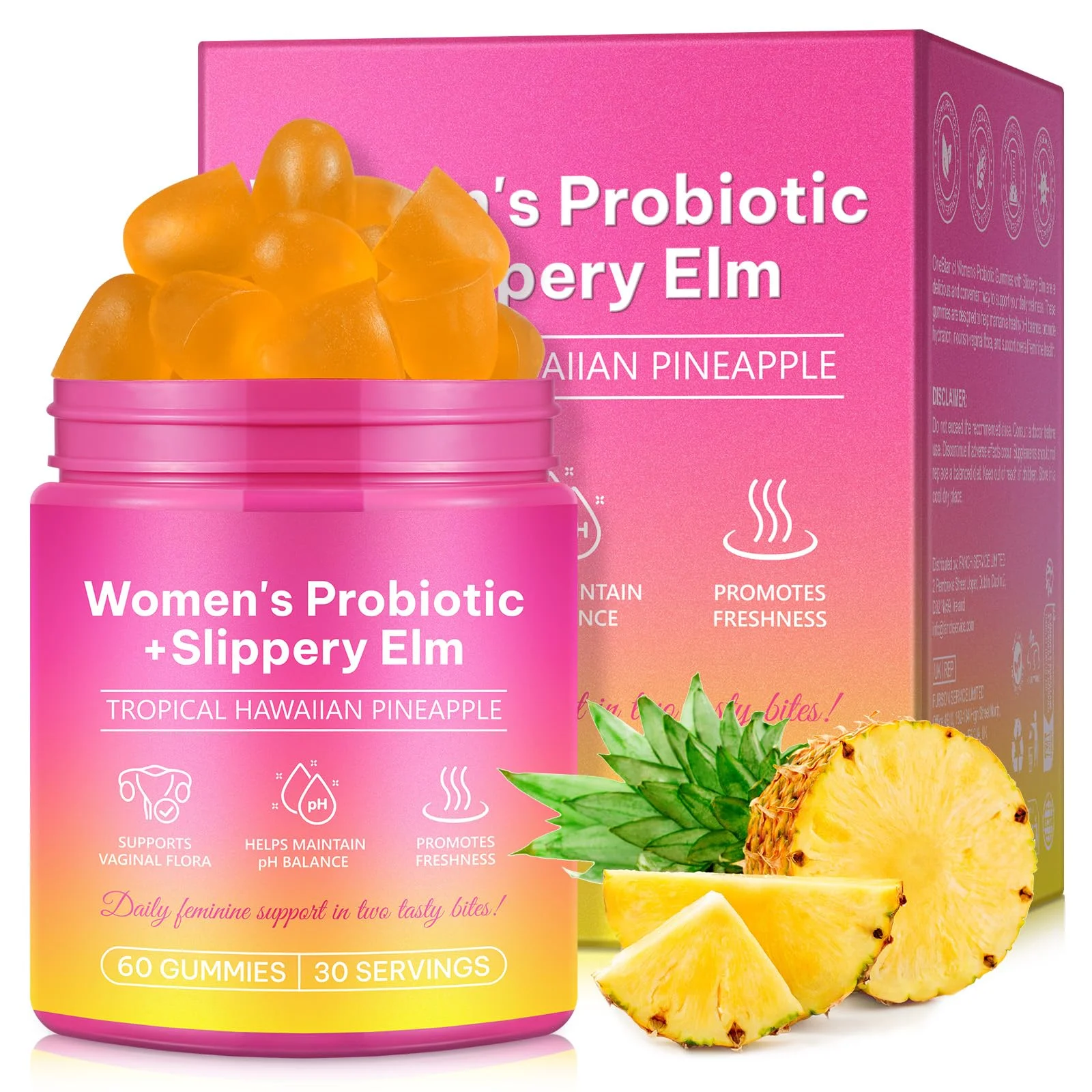 Probiotika Frauen Intimflora Gummibärchen mit Rotulme, 60 Gummibärchen Ananasgeschmack, Vaginal Probiotics Feminine pH Gummies für gesunden Geruch, für pH-Wert, Darmgesundheit und Immunsystem