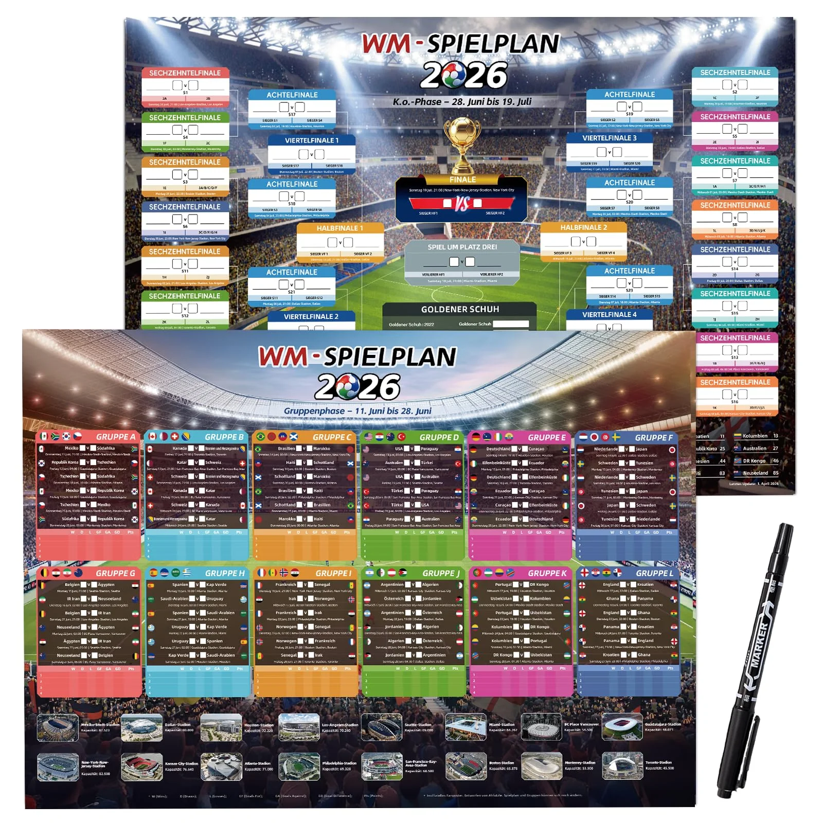 AhfuLife Fußball Spielplan 2026 Poster für Deko WM Fußball Party - Wiederverwendbar Fussball Planer - Enthält 48 Mannschaften Gruppen Knockout und Finale alle Ergebnisse der Spiele (A2 - Gefaltet)