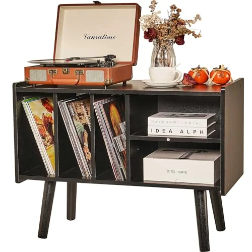 LKKRO Plattenspieler-Ständer mit Vinyl-Aufbewahrung, hält bis zu 136 kg, großer Plattenspieler-Tisch für Albumaufbewahrung mit Halter, Vinyl-Display-Regal, Holz-Plattenspieler-Ständer