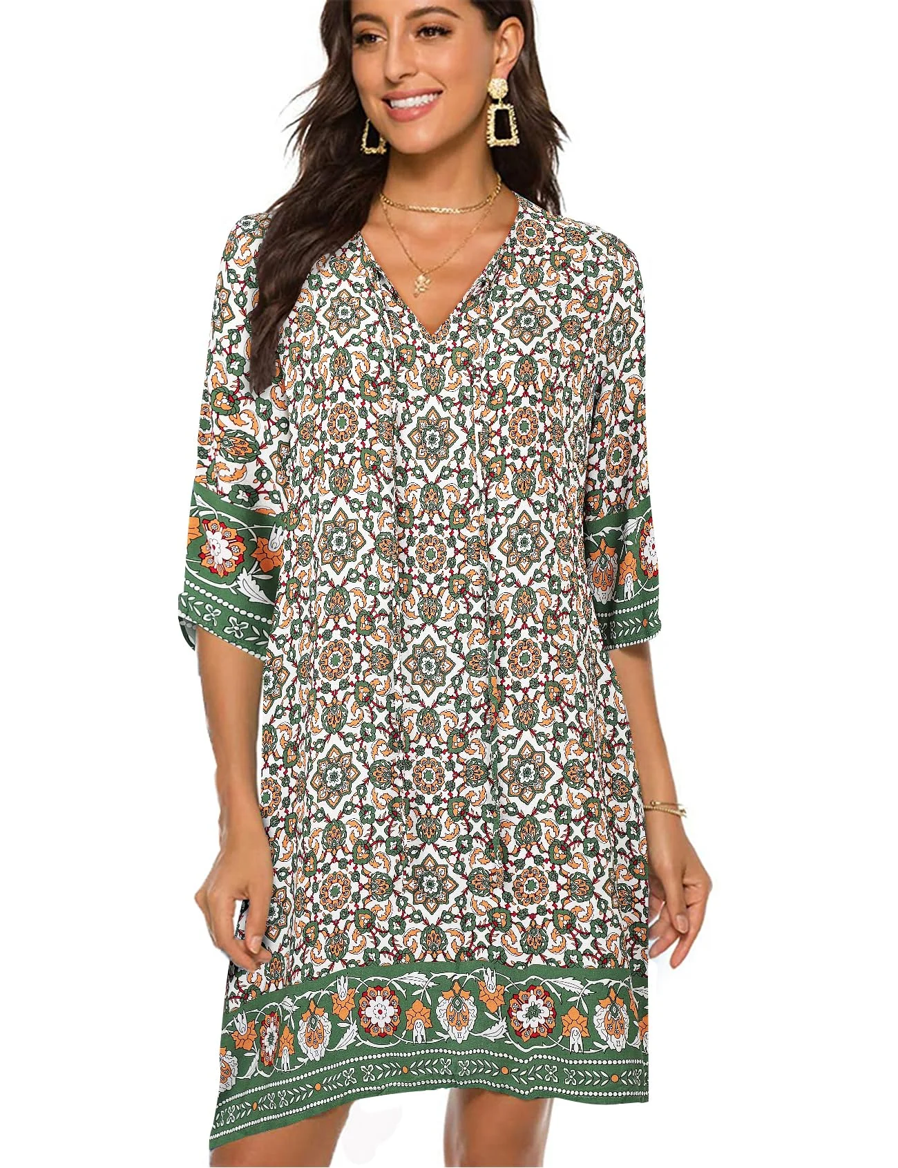BDTECAOR Damen Vintage Ethnostil Blumenmuster Bohemian Tunika Kleid V-Ausschnitt 3/4 Arm Strandkleider Sommerkleider