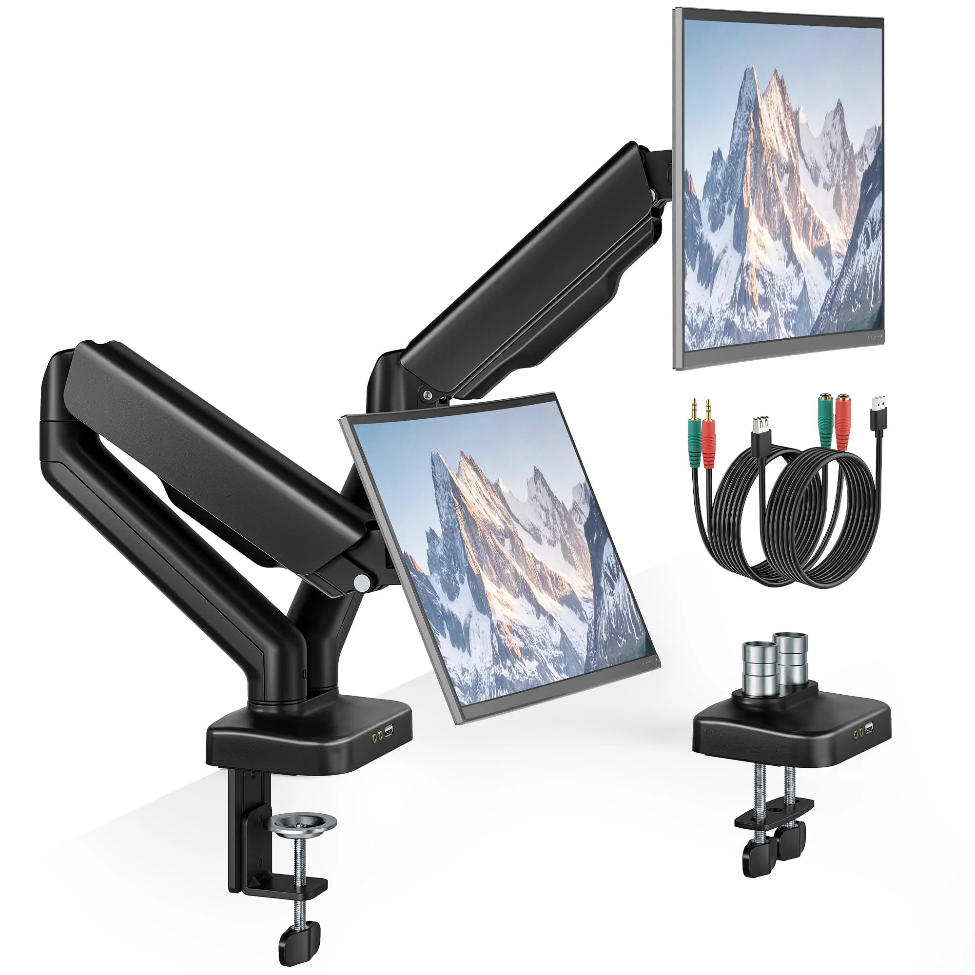 monTEK Monitor Halterung 2 Monitore mit USB-Anschluss für 17 bis 32 Zoll Bildschirme, VESA 75×75/100×100, Tragkraft bis 9 kg, Neigung +80°/-45°, Drehung 360°, Kabelmanagement