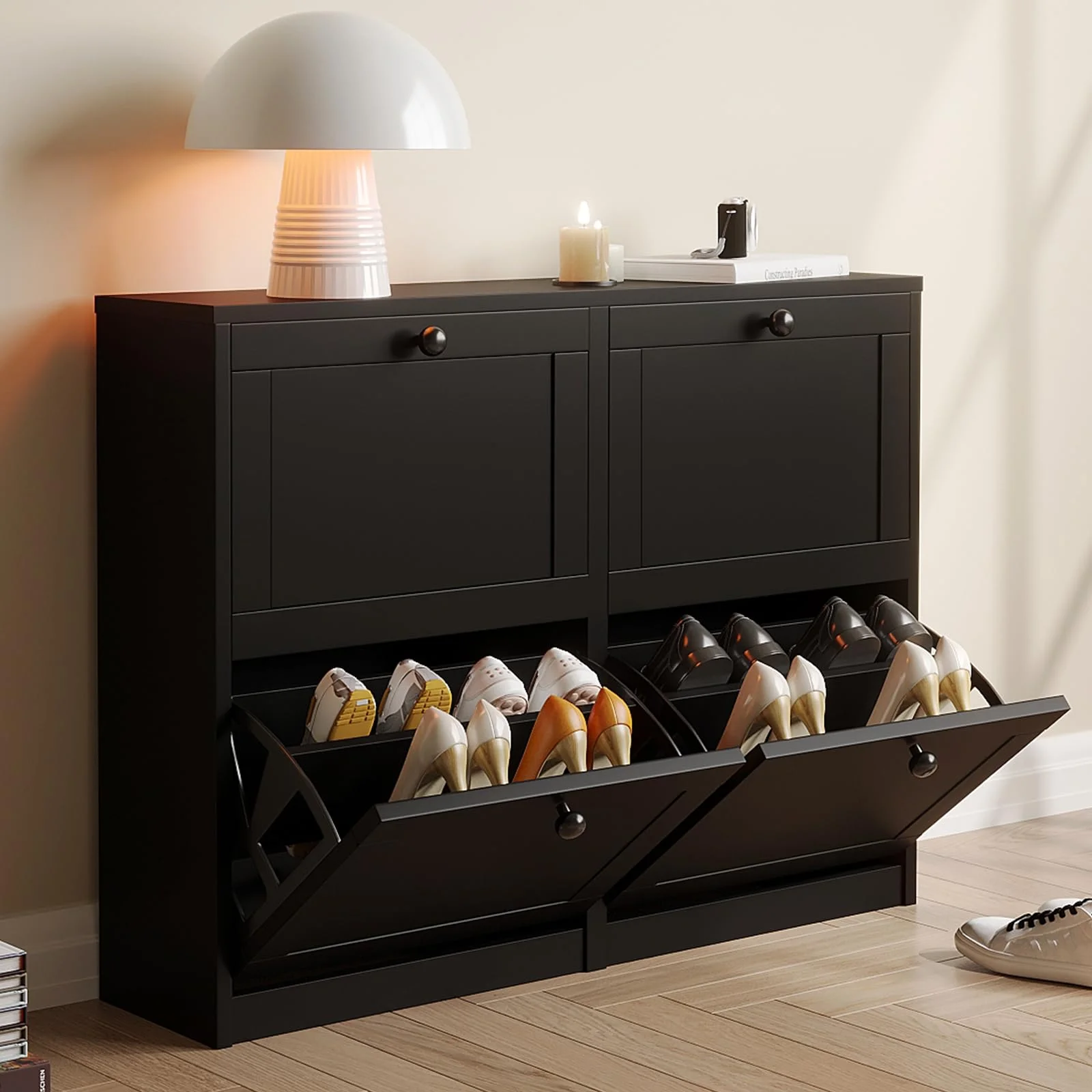 VOWNER Schuhschrank mit 4 Klappen, Schuhschrank Schmal Schuhregal, mit 8 Fächern, Schuhablage Verstellbar, 105 x 24 x 80 cm, Anti-Kipp-Vorrichtung für Eingangsbereich, Flur, (Schwarz)