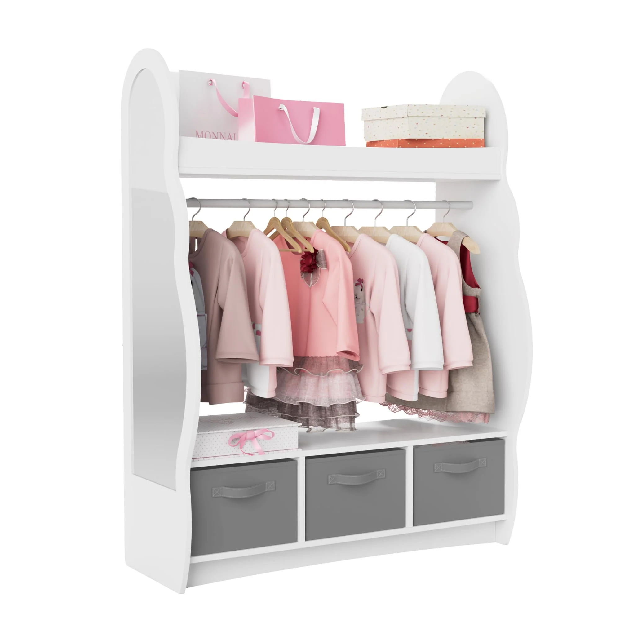 NACHES Kinder Kleiderschrank Kinderkleiderständer mit Boxen, Kleiderstange, Spiegel und Ablagen, Kindergarderobe aus Holz, Kinderregal 81 x 28 x 106,5 cm (Weiß, Wolken mit 3 Schubladen)