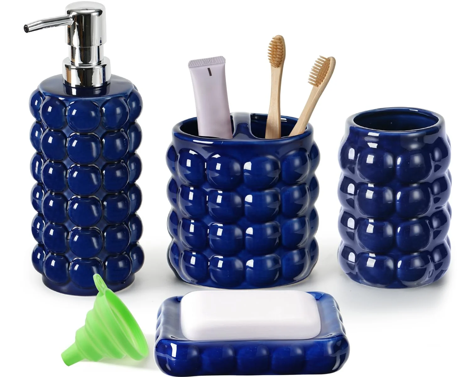 Keramik Badezimmer Set 4-Dunkelblau, Badaccessoires Set mit Seifenspender, Zahnbürstenhalter, Zahnputzbecher und Seifenschale, Modernes Bad Set für Waschbecken, Badezimmer Deko