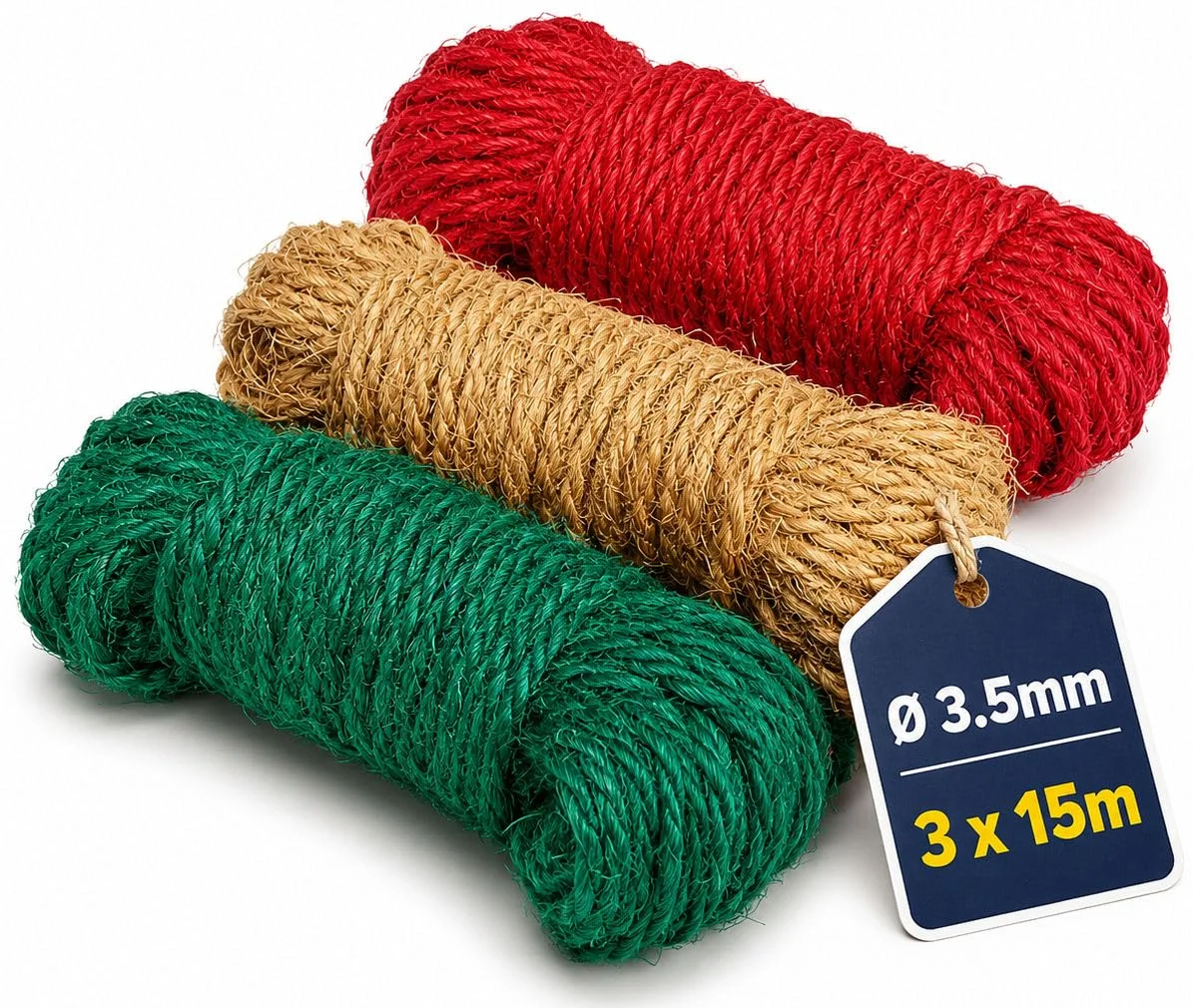 deli4you Kokosseil bunt Dekoband Dekoschnur Bastelschnur Set oder Dekoseil in den klassischen Farben rot grün braun Gartendeko Naturfaser 3.5 mm, 3 x 15m
