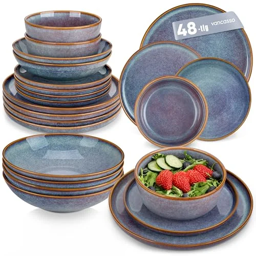 Geschirrset 6 Personen, vancasso PLAYA 24tlg Tafelservice 6 Personen Modern, Steingut Geschirrset, Beinhaltet Schüssel, Suppenteller, Dessertteller und Speiseteller, Spülmaschinenfest, Softes Beige
