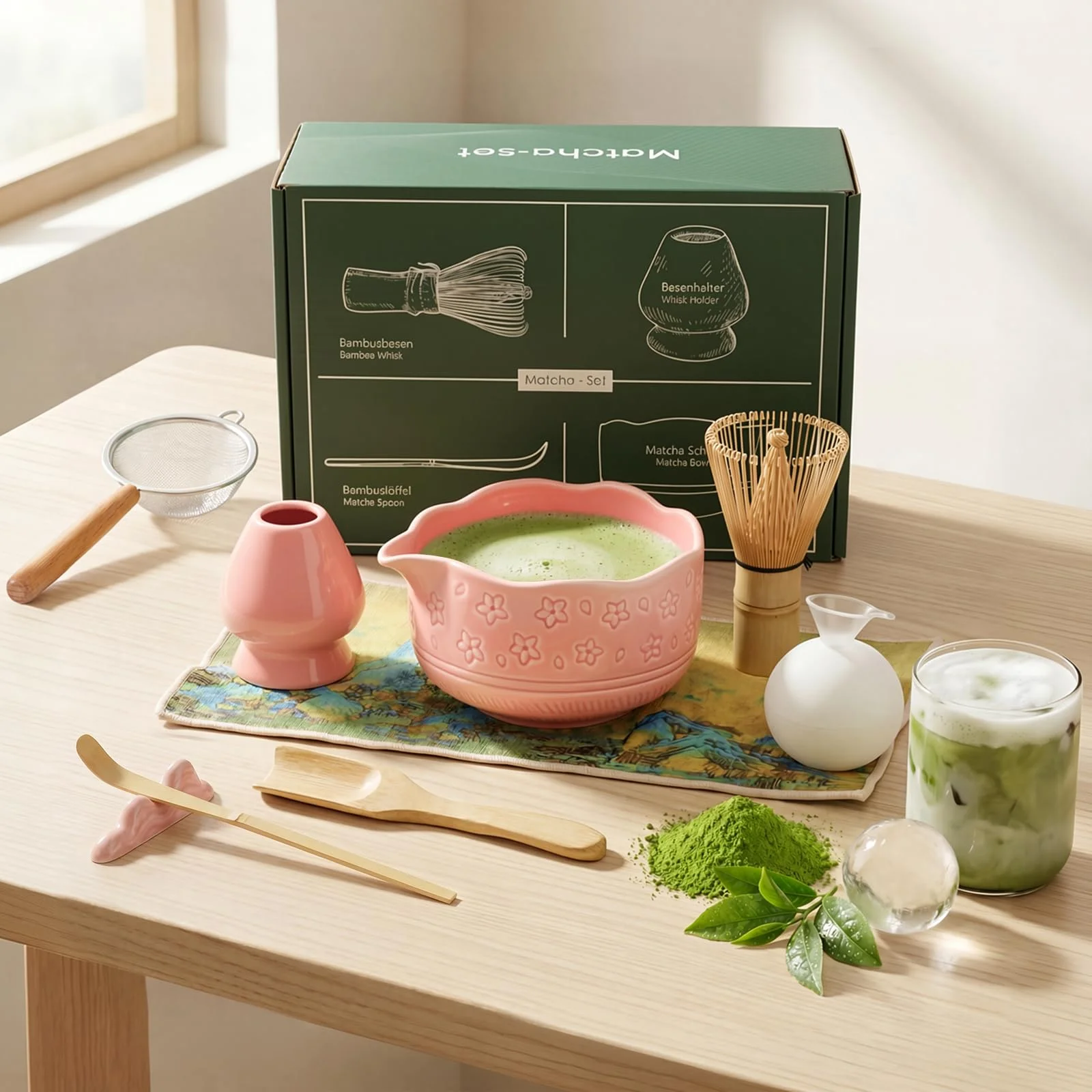 Matcha Set, 9er Macha Tea Set - Kirschblüten Matcha Schale, Chasen, Chashaku, Keramik-Besenhalter, Pulversieb, Teetuch, Japanisches Matcha Tee Set Matcha Starter Set, Eis Matcha Latte, Rosa