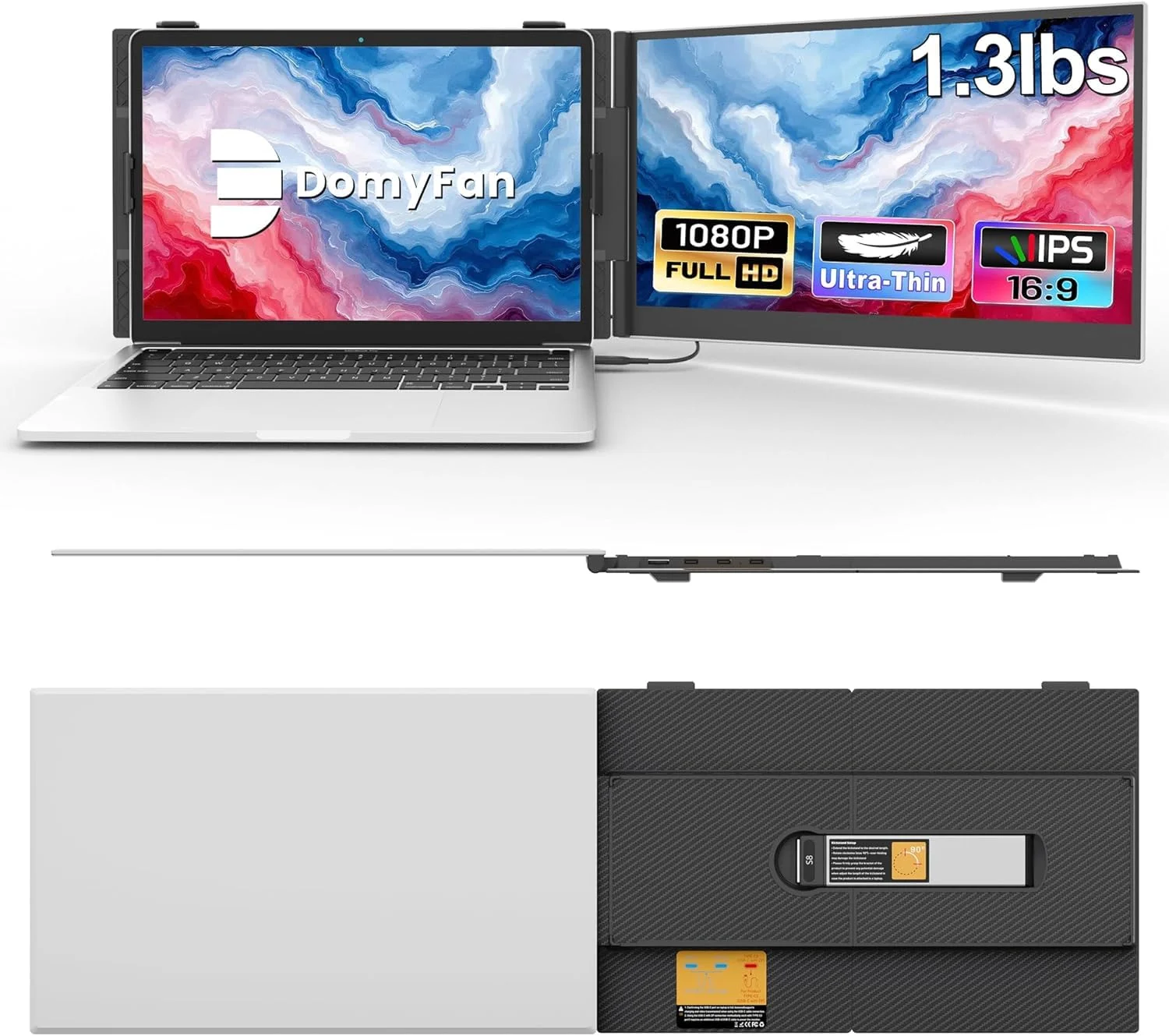domyfan Laptop Bildschirm Erweiterung, Ultralleicht 600g, 14" Dual Laptop Monitor Erweiterung, 1080P Full HD tragbarer Monitor für Win, Mac, PS5, Switch, Plug & Play, kompatibel mit 13,3"-17" Laptops