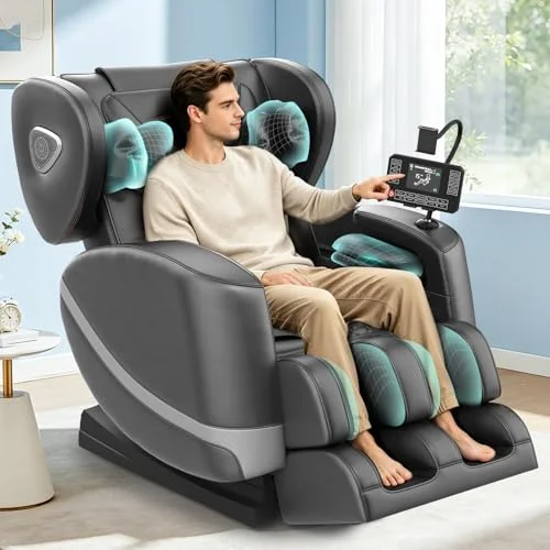 Gegcucey Ganzkörper Massagesessel mit Rollen & Airbags für Massage, Zero Gravity mit Bluetooth Lautsprecher und Touchscreen, Heizfunktion für Taille & Beine, mit Fußmassage für Hause/Büro (Hellgrau)