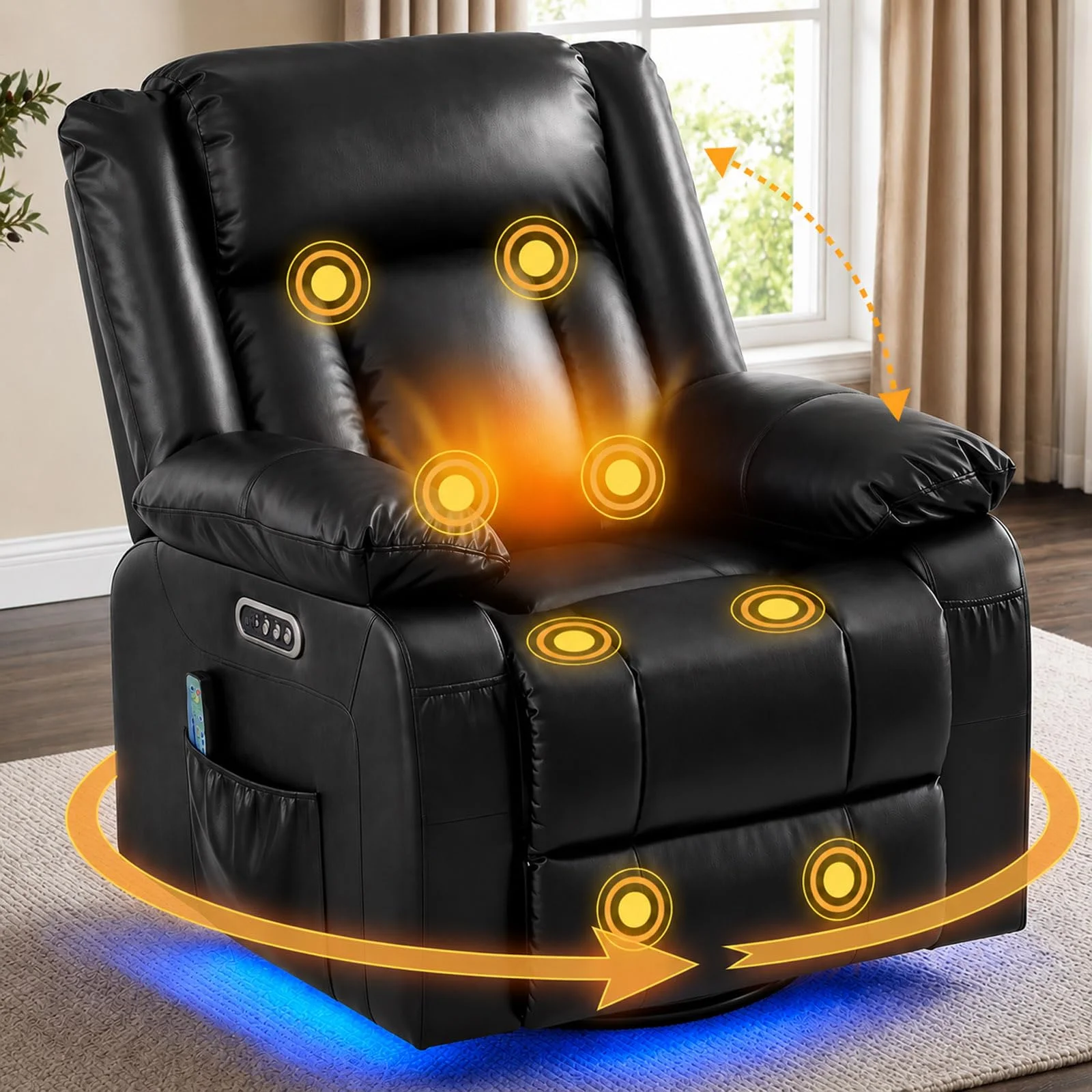 ZRNINR 2 Motoren Sessel Elektrisch Verstellbar, Fernsehsessel mit Liegefunktion, Relaxsessel mit Wärme und Massage, 240°Drehbarer TV Sessel Wohnzimmer Schaukelstuhl Kinosessel mit LED-Licht, Schwarz