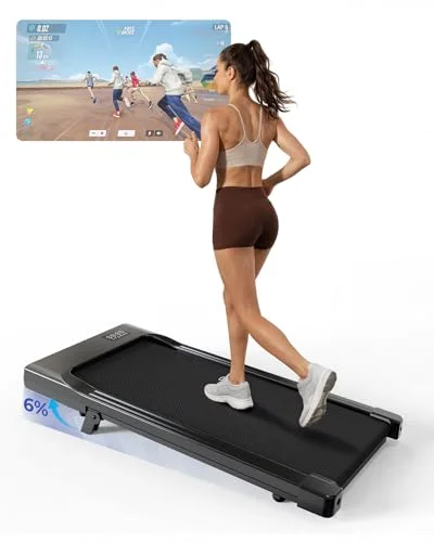 MJWW Walking Pad mit Steigung 6%, Laufband für Zuhause & Büro 136 KG mit Smart App 6 km/h & 12 km/h, Laufband Schreibtisch Leise 2.5 PS mit Schulungskurse und Multiplayer-Wettbewerbe