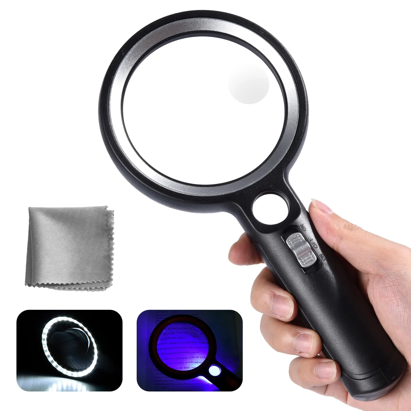 Lupe mit Licht mit 30 LED, 30X 45X 60X Leselupe mit Licht Groß, 30 Fach Vergrößerung Handlupe mit 2 Lichtmodi, Lupe für Senioren, Münzen, Inspektion, Hobbies (Schwarz Silber)