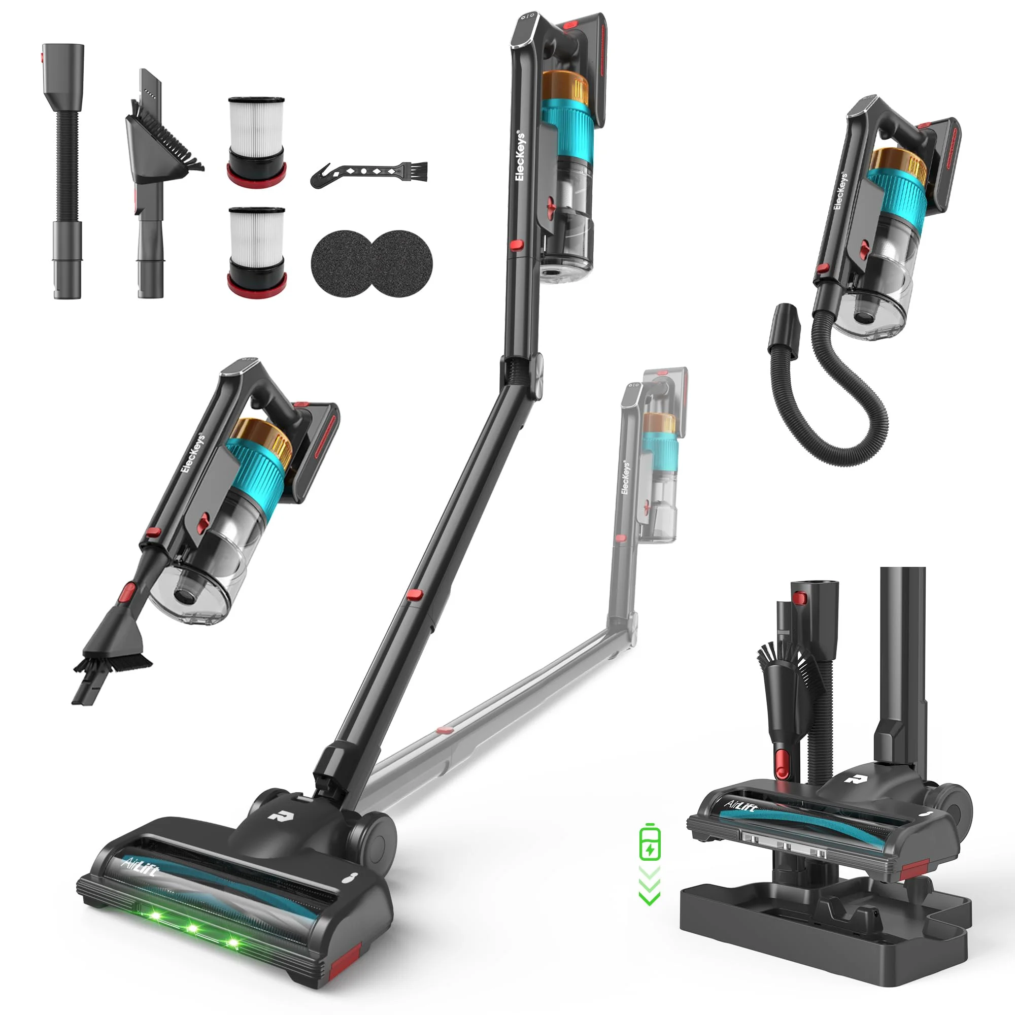 ElecKeys Akku Staubsauger 55000Pa/650W/65Min, Staubsauger Kabellos mit Lade-/Aufbewahrungsstation, Faltbar, Selbststehend, Anti-Tangle-Bürste, Akkustaubsauger für Tierhaare Teppiche Hartböden Auto