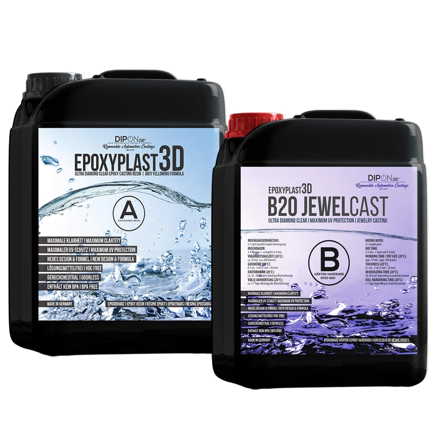 Epoxidharz EpoxyPlast 3D B20 Jewel Cast 4,5 KG für Resin Art I Ultra Diamantklar I Exzellenter UV Schutz I Schmuck I Gießharz I Glasklar I Formenbau I Premium Produkt I Schnellhärtend I Holz Glas
