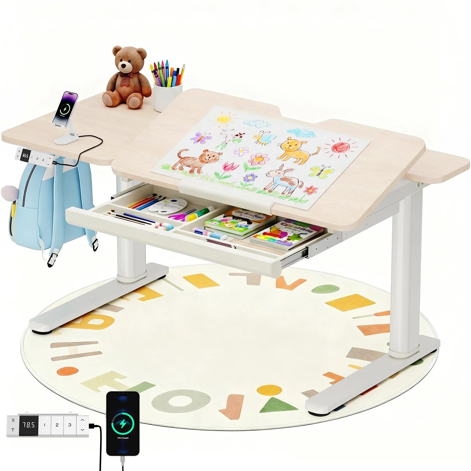 Devoko Kinderschreibtisch, Elektrisch Höhenverstellbarer Schreibtisch mit neigbarer Tischplatte mit Schubladen, Standing Desk mit 3 Speicherplätzen, Schreibtisch Kinder ab 6 Jahren