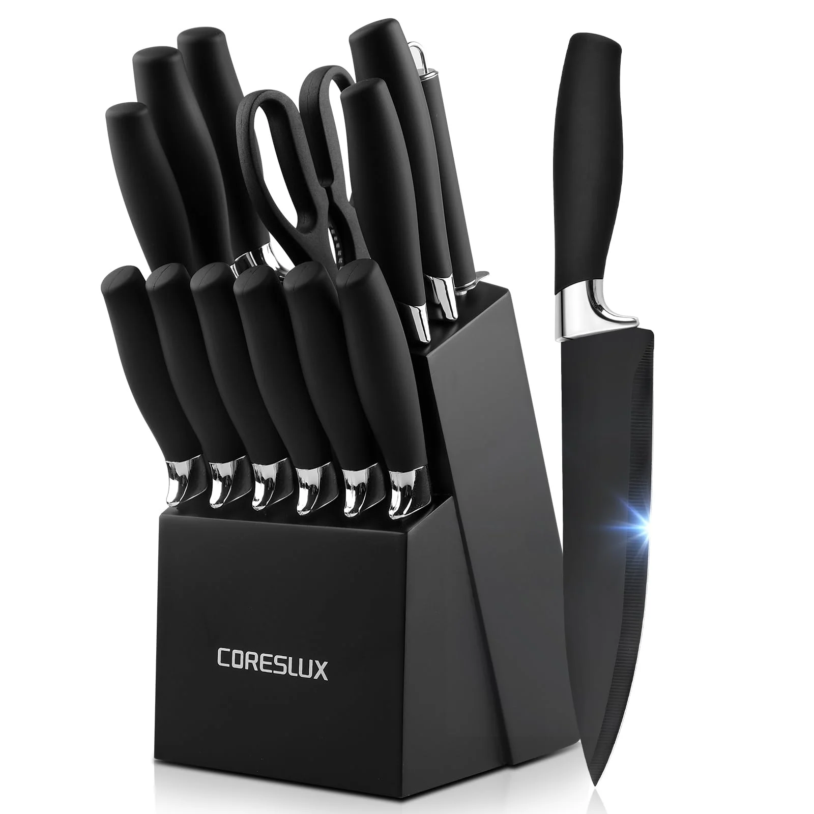 CORESLUX Messerblock mit Messer 15-teilig, Scharf Edelstahl Messerset Set mit Block, Küchenmesser Set mit Kochmesser, Antihaftbeschichtung, Ergonomischen-Griff, Schwarz