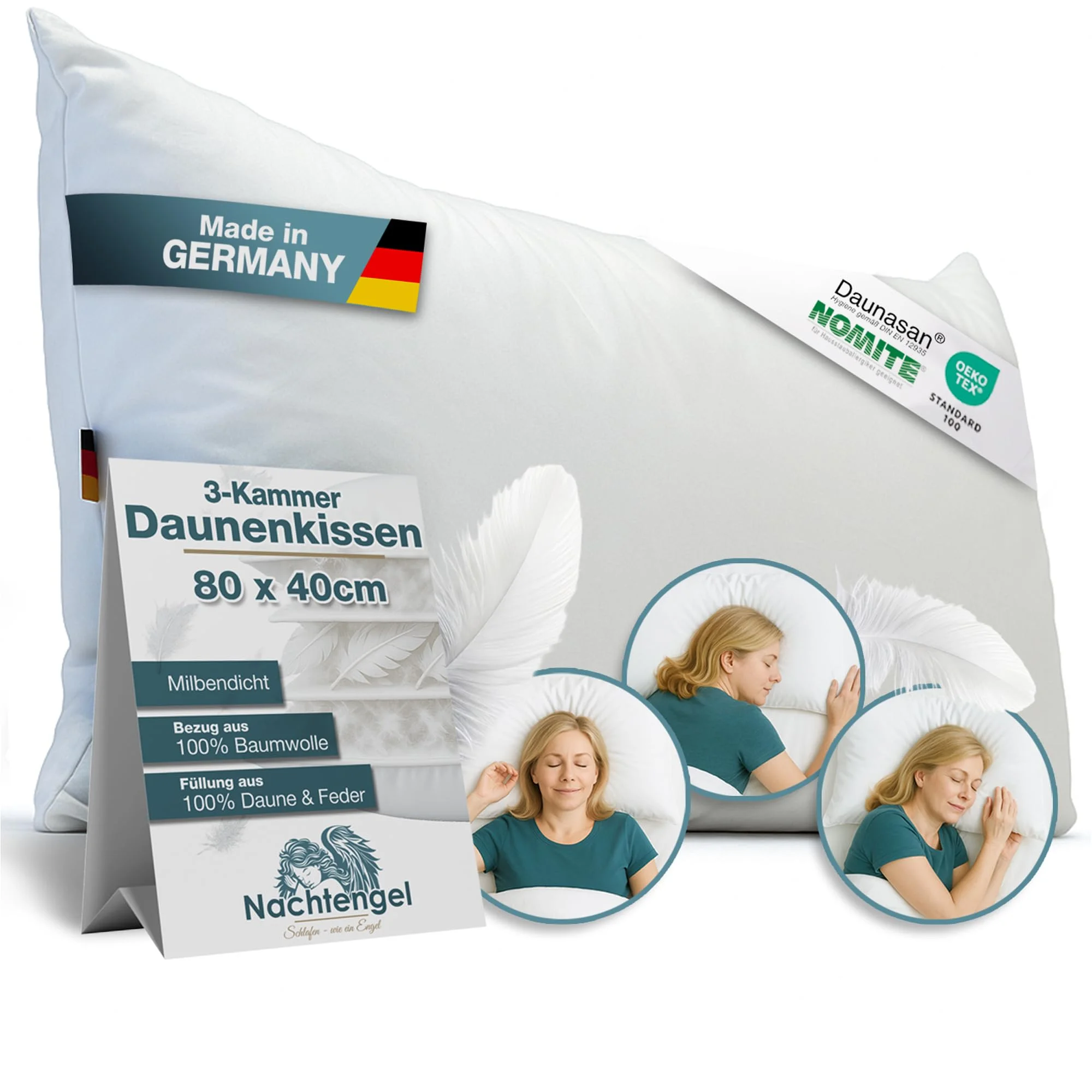 Nachtengel Daunenkissen 80x80 – 3-Kammer Kopfkissen aus 100 % Daunen & Federn – weiches Hotelbettkissen Made in Germany, atmungsaktives Federkopfkissen für alle Schlaftypen