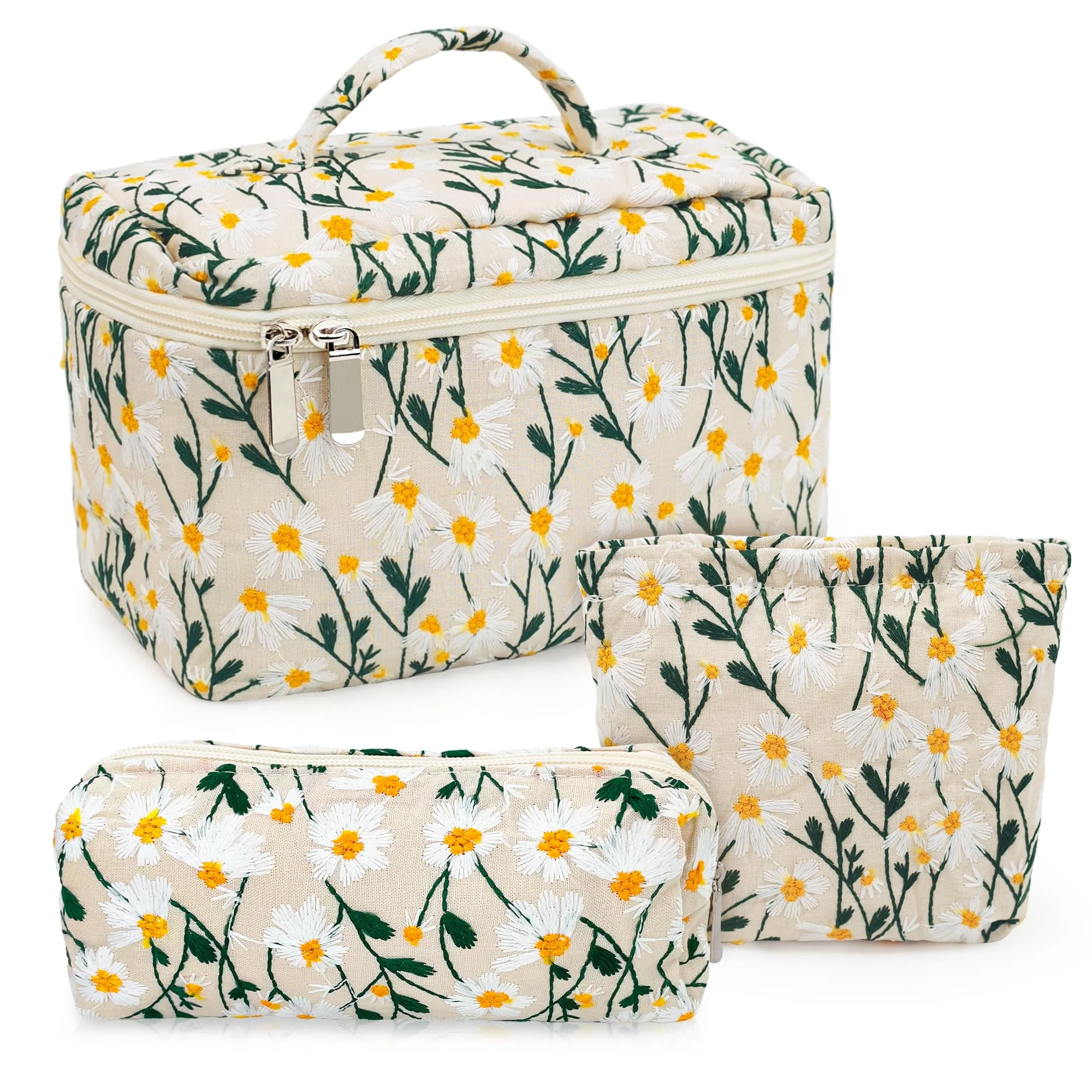 SHEPIN 3er Set Kosmetiktasche Damen Kulturtasche Schminktasche Stickerei Gänseblümchen Waschtasche Reise Kosmetikbeutel Make Up Toiletry Bag Beautycase Kulturbeutel Geschenk für Frauen Mädchen (Beige)