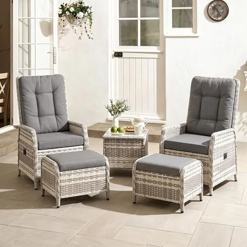 RTDTD Rattan Gartenlounge Set 5-teilig, Wetterfestes Terrassenmöbel mit 2 Sesseln, 2 Hockern & 1 Tisch, höhenverstellbare Rückenlehnen, pflegeleicht für Garten, Balkon, Patio