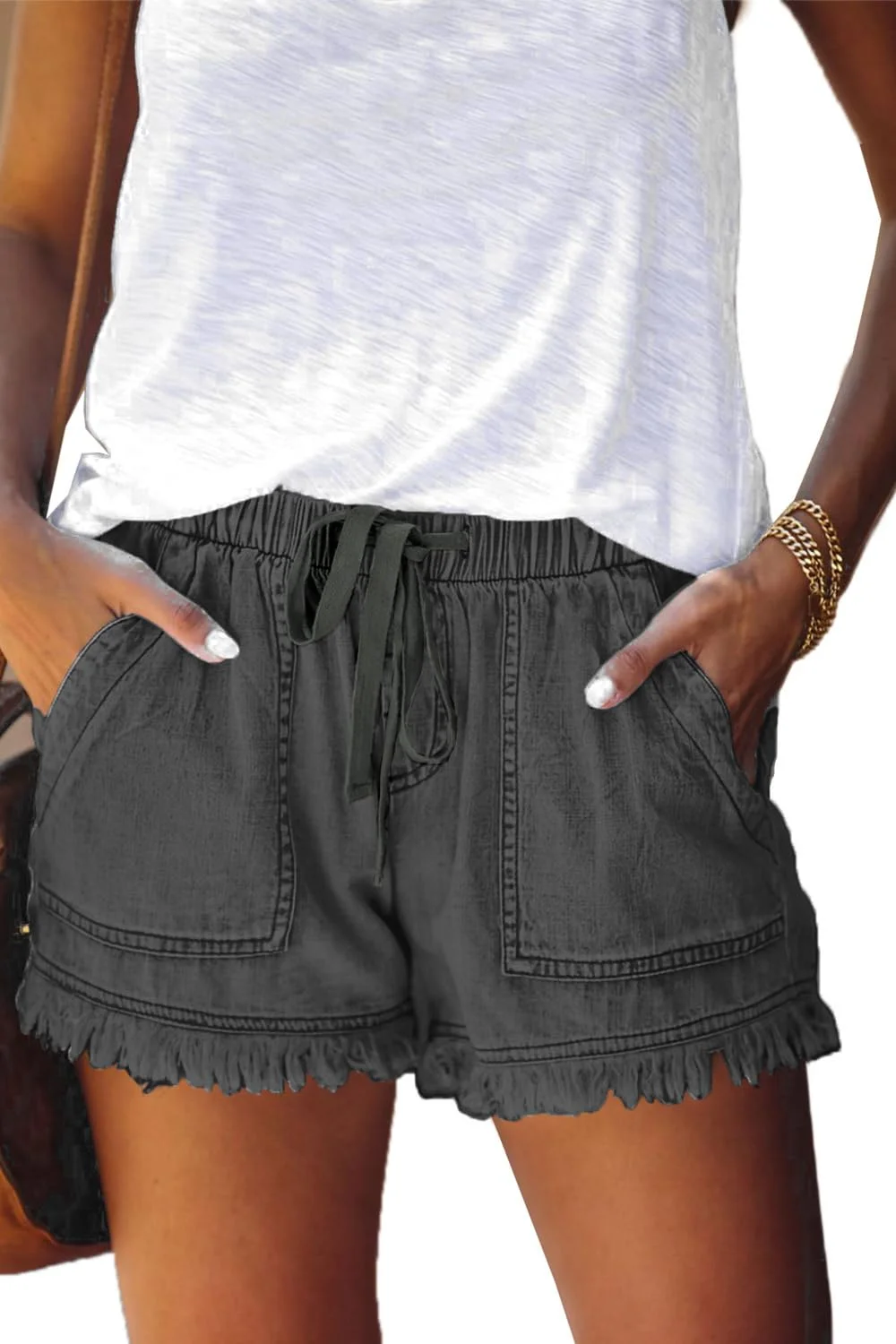 HVEPUO Damen Baumwolle Leinen Shorts Gummiband Hotpants Sommer Weite Kurze Hosen