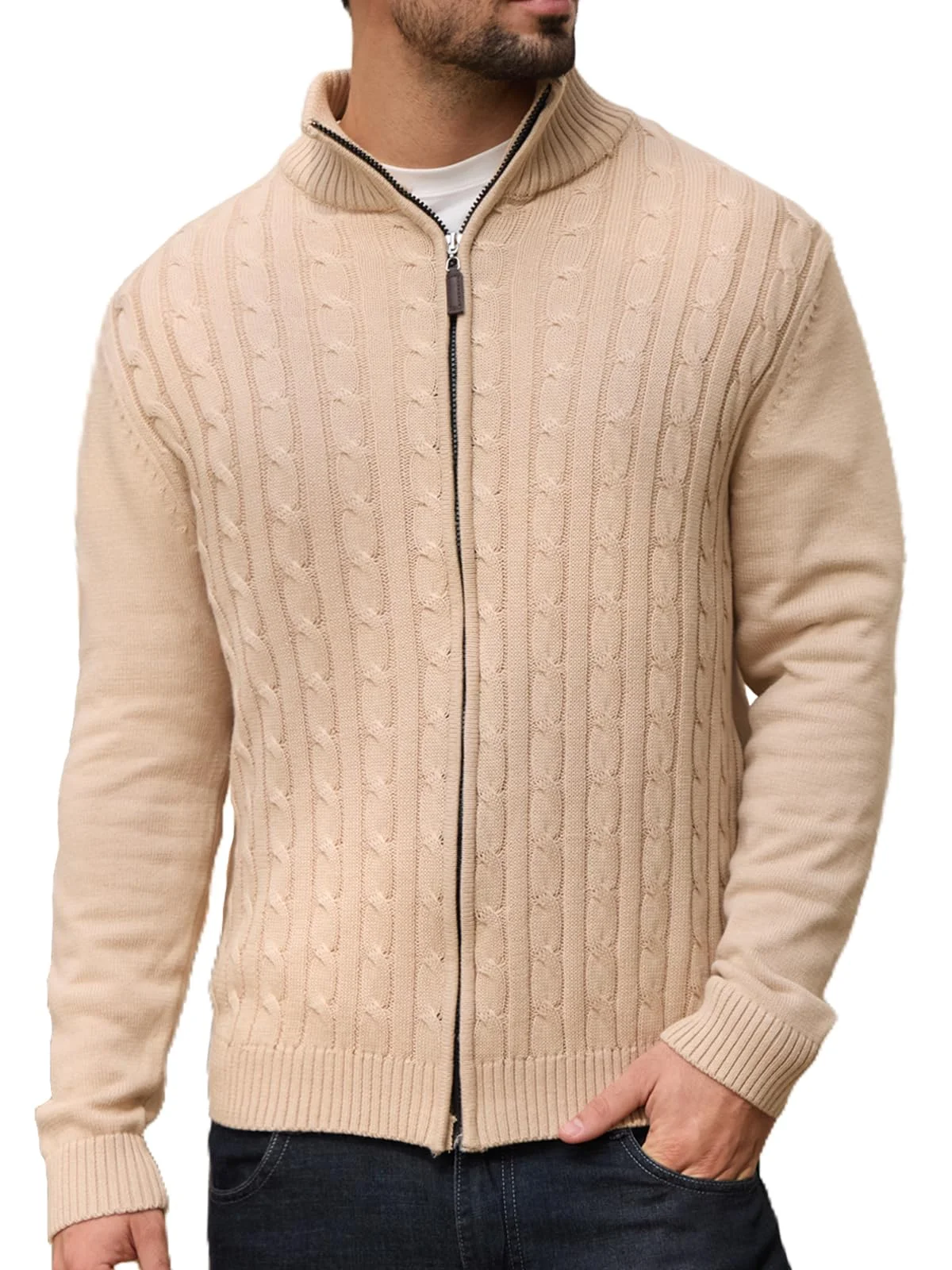 Les umes Herren Vollreißverschluss-Cardigan Zopfmuster Stehkragen Strickpullover Baumwoll Warmer lässiger Cardigans