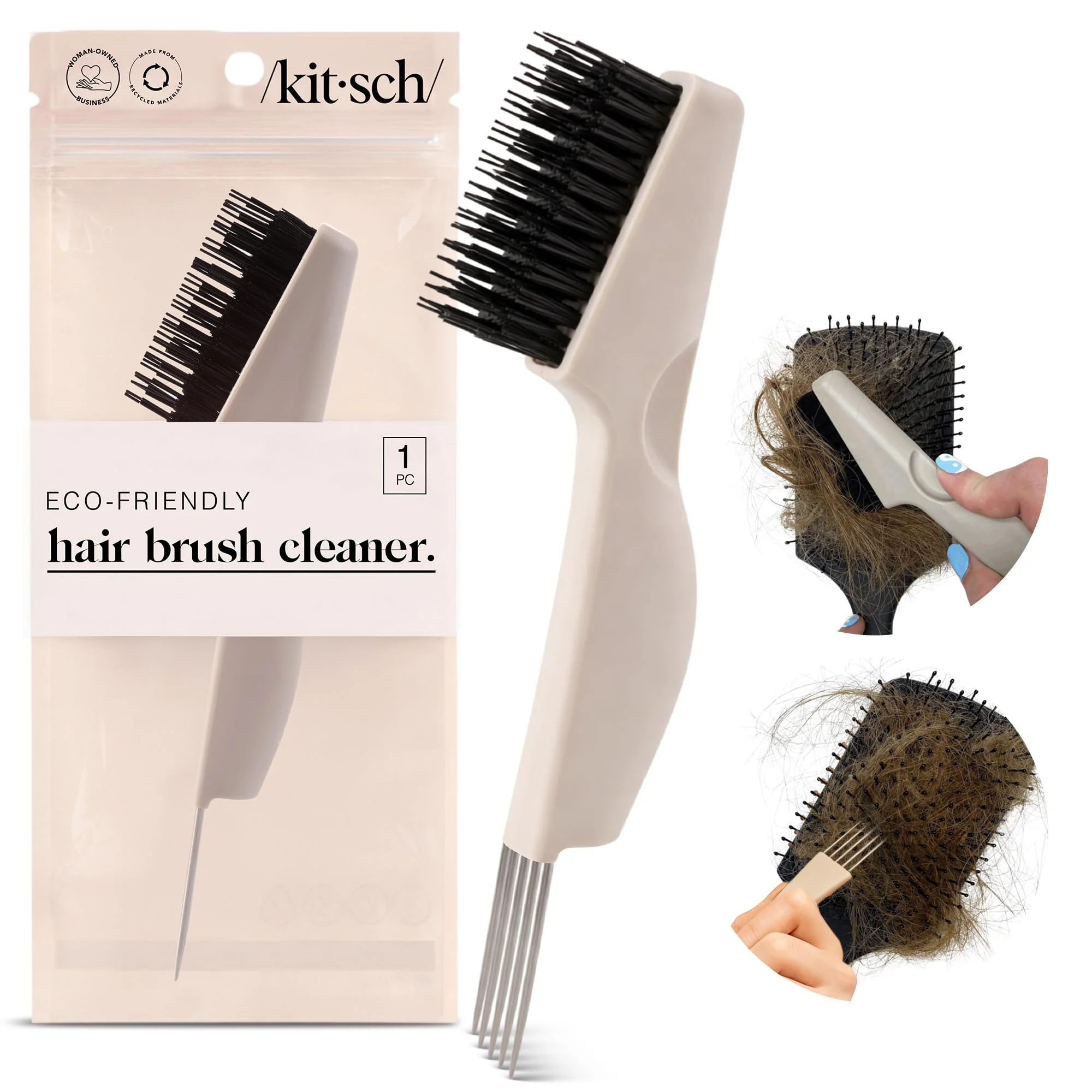Kitsch Doppelseitiges Haarbürstenreiniger-Werkzeug, 2-in-1-Kammreiniger, umweltfreundliche Haarbürste, Rechen, doppelseitige Haarentfernerbürste und Haarbürsten-Reinigungslösung für Haarbürstenpflege,