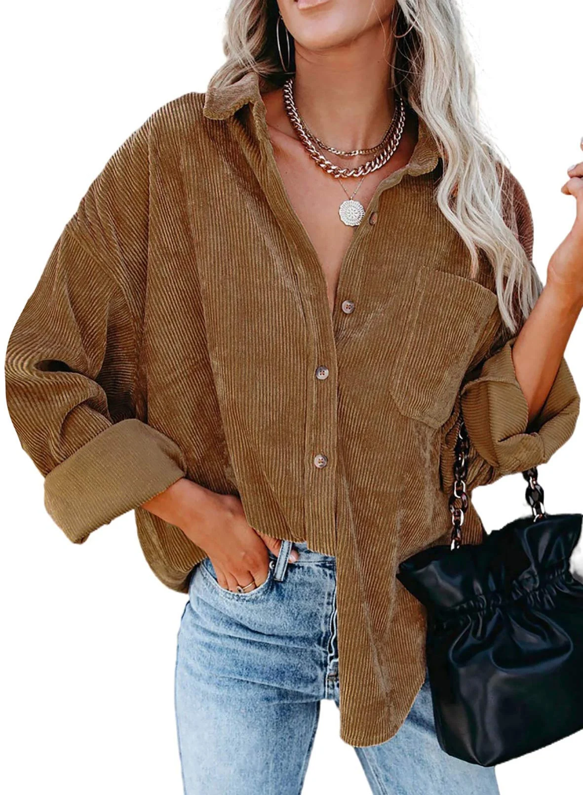 Necooer Damen Cordhemden Boyfriend Langarm Button Down Blusen Tops