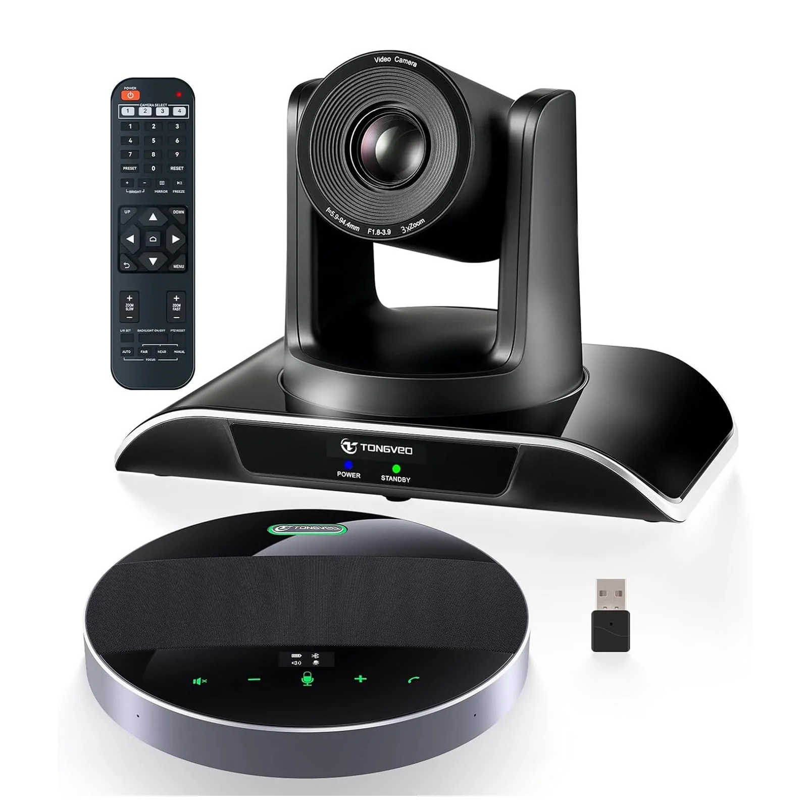 TONGVEO KI-Autotracking Konferenzraum-Kamera-System Und Bluetooth-Mikrofon,1080P 60fps 3-Fach optischer Zoom USB3.0 HDMI PTZ-Kamera KI-Autotracking und Konferenz-Freisprecheinrichtung mit Mikrofonen