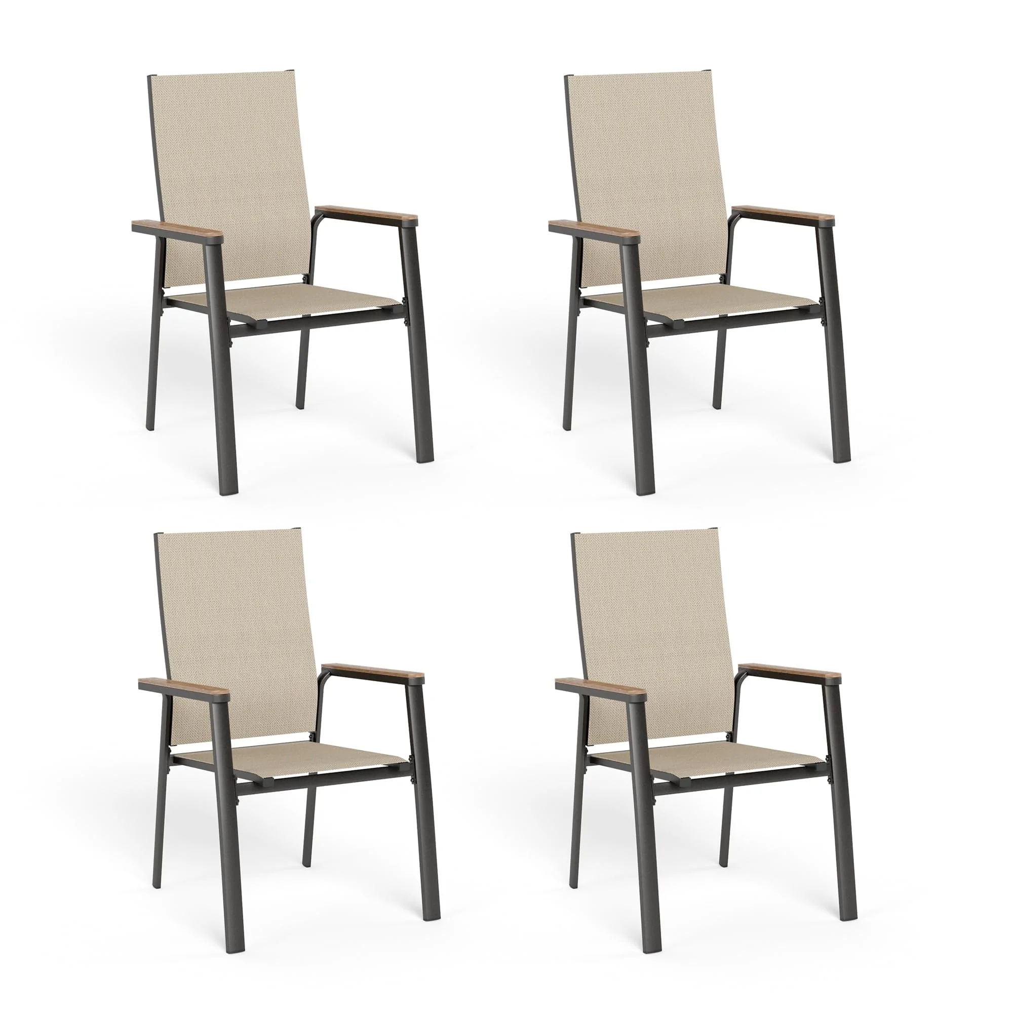 MFSTUDIO Gartenstuhl 4er Set Aluminium, Textilene Balkon Stühle Stapelbar mit Handlauf mit Holzmaserung, Outdoor Sessel für Terrasse, Balkon, Veranda, Wetterfest