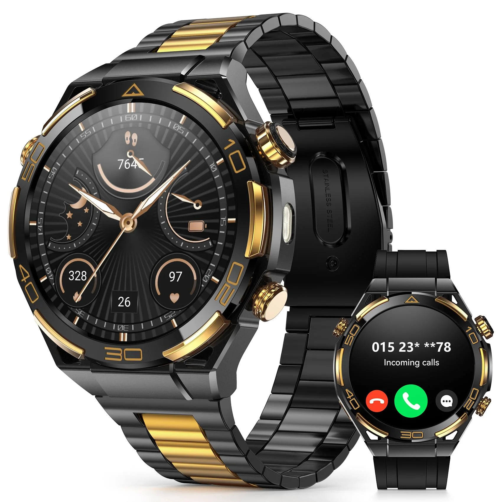 IOWODO Smartwatch Herren Luxus Business mit 14K Gold-Inlay, ChatGPT KI, GPS & Kompass, 1,43" AMOLED, Bluetooth Telefonie, 20 Tage Akku, AI Watch Faces, Gesundheitsmonitor, 100+ Sprotmodi