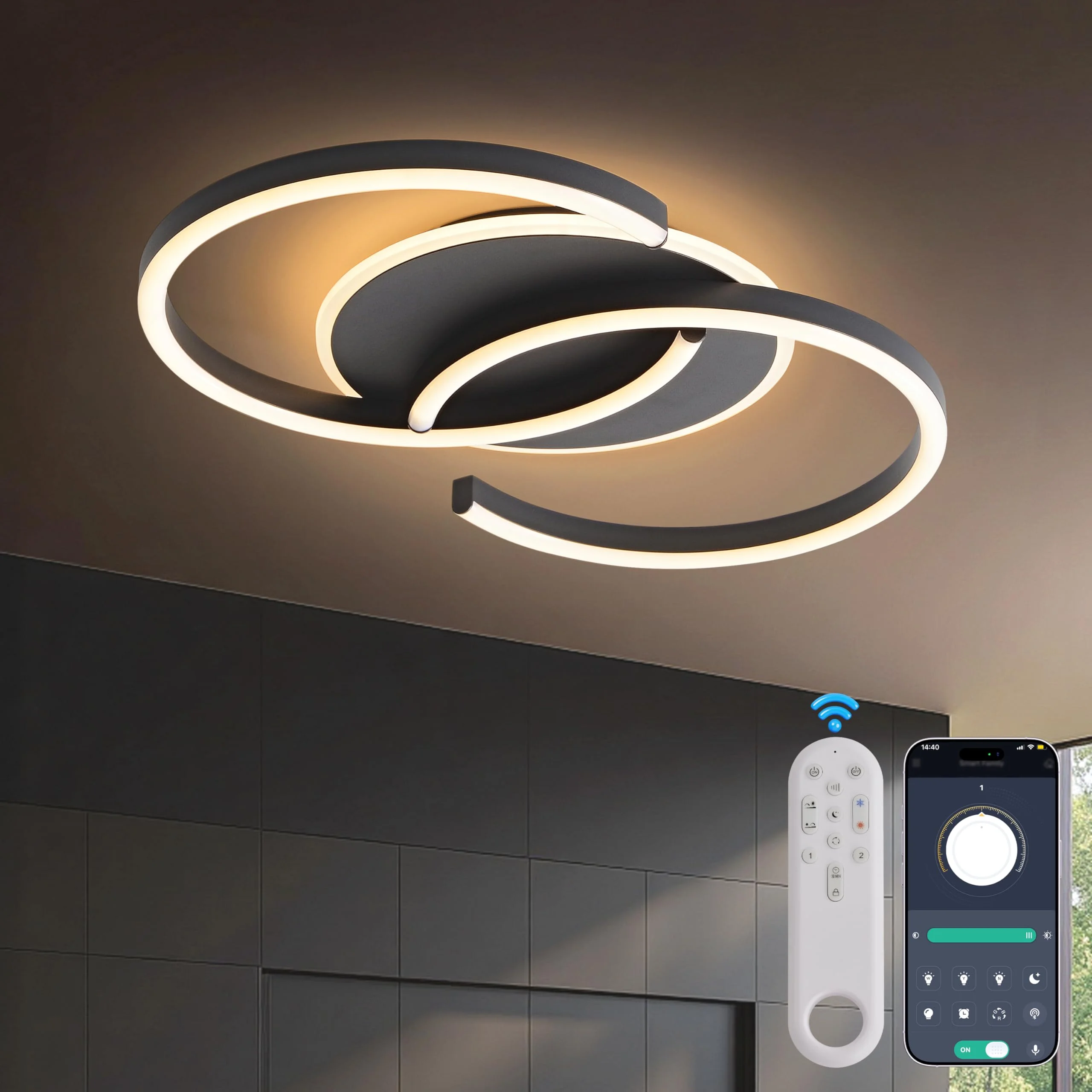 LED Deckenleuchte Dimmbar schwarz „S“ 2-Ringe, 50cm 32W Farbtemperatur 3000-6000K, Helligkeit 3-32W, Mit Fernbedienung/Mobile APP, Für Schlafzimmer, Wohnzimmer, Mit Memory-Funktion, 3W Nachtlicht