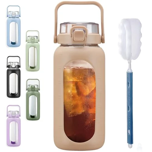BLUEGO 960/1200/2000ml Trinkflasche Glas mit Strohhalm und Zeitmarkierung Halbe Gallone Große motivierende Wasserflasche mit Silikonhülle 2 Liter großer Glaswasserkrug für Sport Training