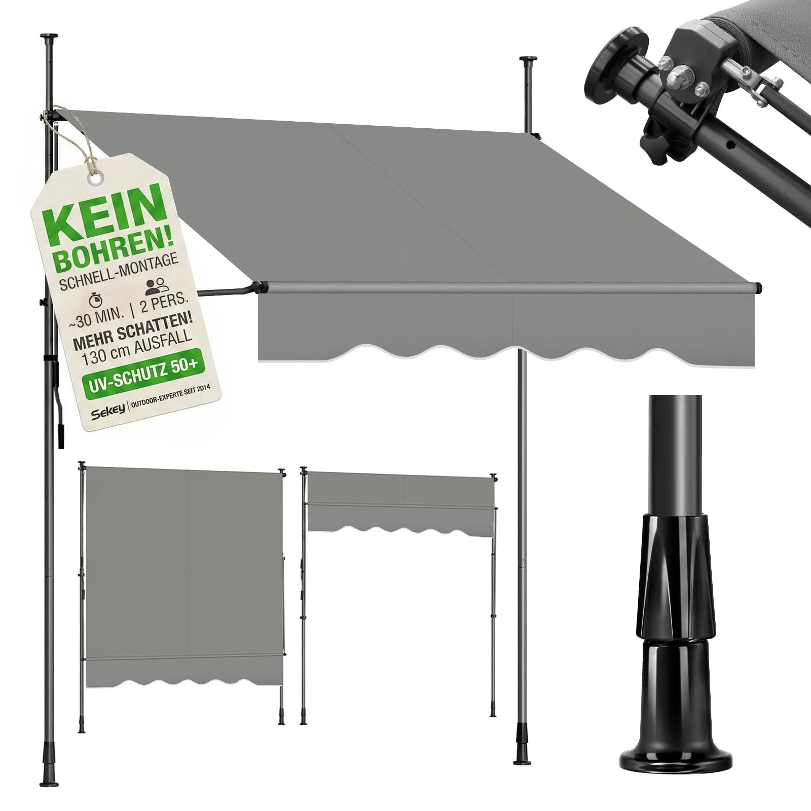 Sekey Klemmmarkise 200 cm breit, Markise Balkon ohne Bohren mit Handkurbel, 130 cm Ausfall, 0-90° neigbar, UV-beständiger Sonnenschutz & wasserdicht (280g/m²), für Balkon, Terrasse & Garten, Grau