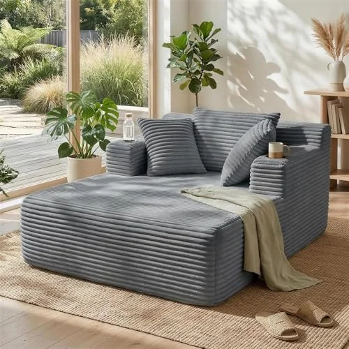 YINIX Chaiselongue Sofa aus Cord, XXL Einzelsessel mit Schlaffunktion, Loungesessel inkl. 3 Kissen & Getränkehalter, Hochdichter Schaumstoff Bodensofa, Kratzfest & Stabil, 165x122x71cm