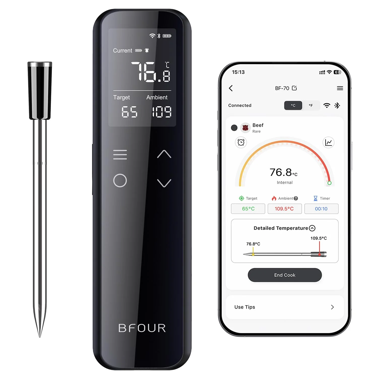 BFOUR WiFi & Bluetooth Fleischthermometer,Grillthermometer mit 6 Sensoren,3 Connect-Modell,App-Steuerung,IP67 Wasserdicht,Bratenthermometer für Raucher, Grill, Ofen & Küche