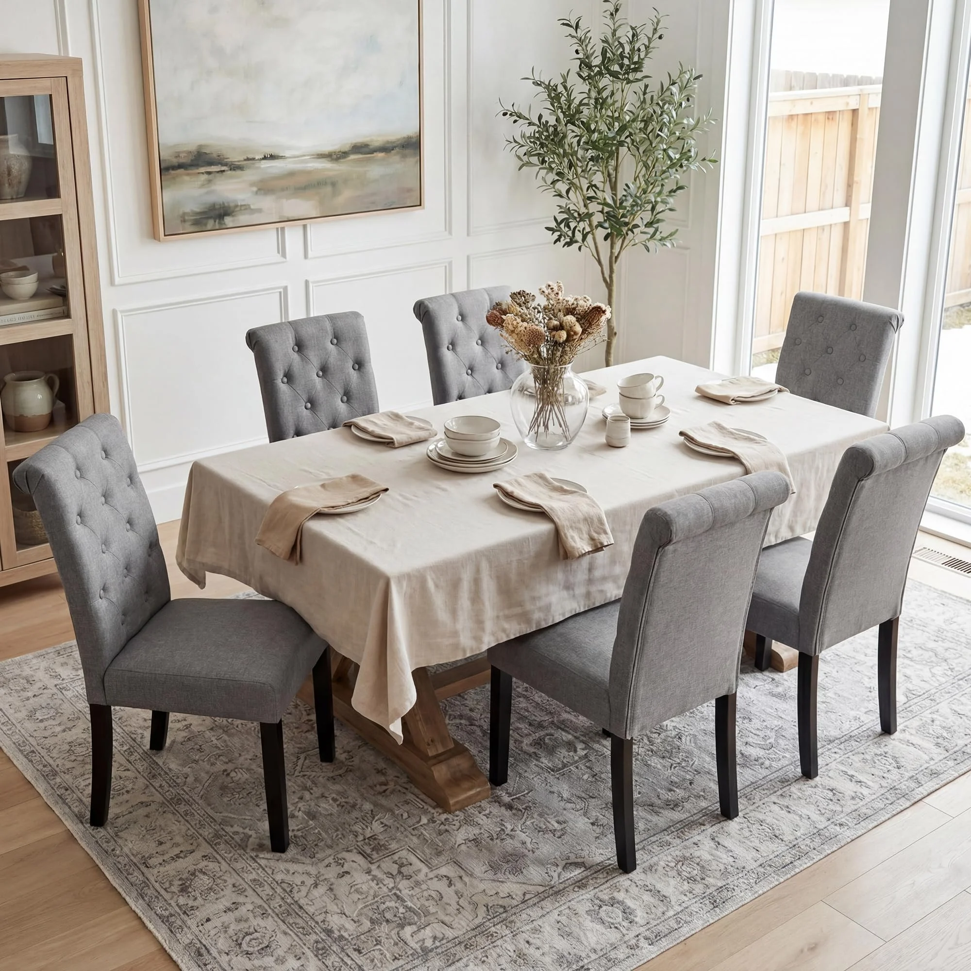 BonVache 6er Set Esszimmerstühle, Küchenstuhl Polsterstuhl mit hoher Rückenlehne, Beine aus Massivholz, Leinenoptik Gepolsterte Sitzfläche für Esszimmer, Wohnzimmer, Arbeitszimmer, Dunkelgrau