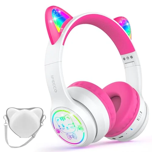 iFecco Bluetooth Kopfhörer Kinder mit Mikrofon,Kinder Kabellos Kopfhörer mit Tasche,LED-Leuchten Katzenohr Kopfhörer für Schule
