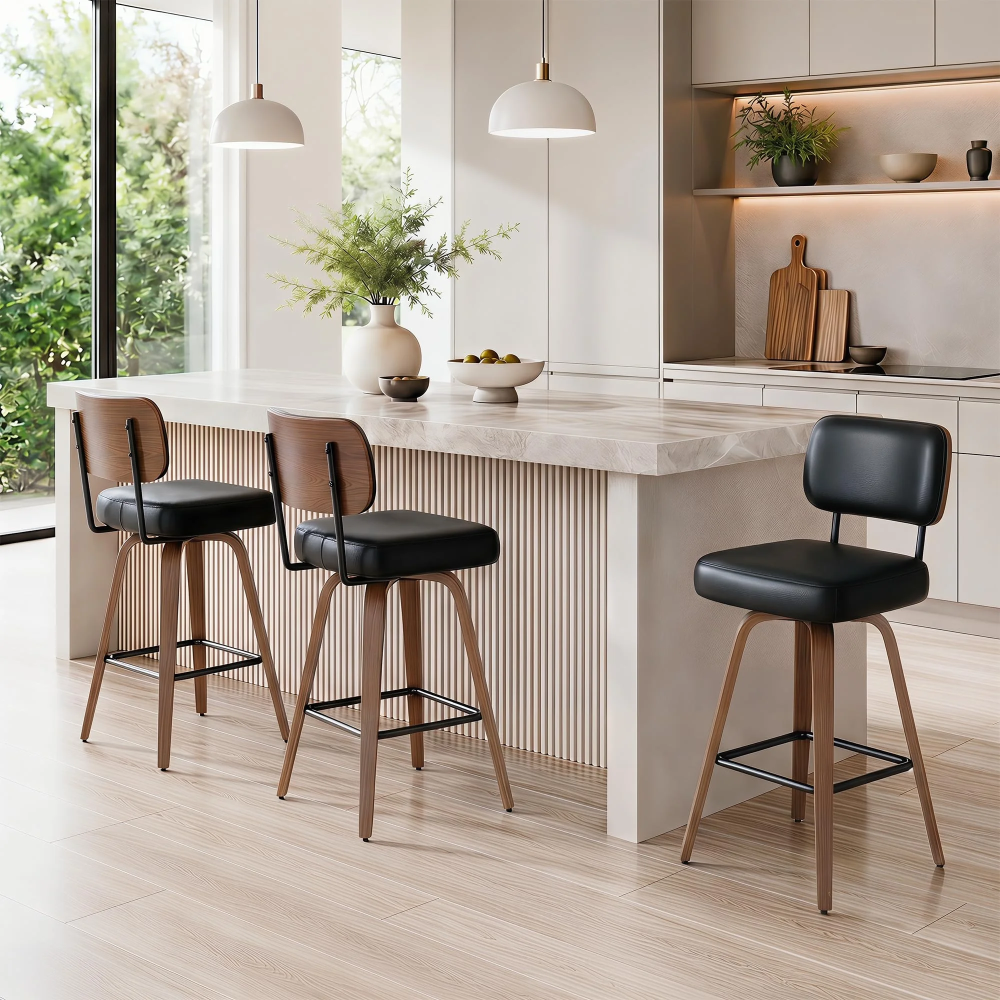 YUUIJOAA Drehbarer Barhocker 3er Set mit Rückenlehne, 65cm Sitzhöhe PU-Leder & Massivholz, Mid-Century-Design mit 4 Beinen und Fußstütze, Barstühle für Küche und Bar in Schwarz