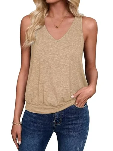 BUNSLOOM Tank Top Damen Basic Sommer Tops Ärmellose Oberteile V-Ausschnitt T Shirt Elegant Oberteile