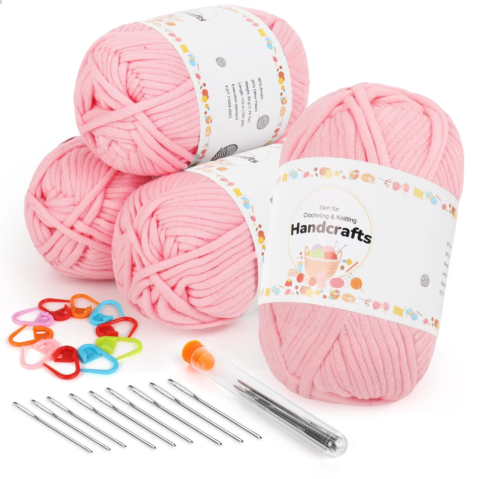 Aeelike 4X50g Dicke Häkelgarn Baumwolle zum Häkeln, Dickes Baumwoll-Nylon-Mischgarn mit Zubehör, Strickwolle Dickes Garn mit gut Sichtbaren Maschen, Kein Geteiltes Sperriges Crochet Yarn, Rosa