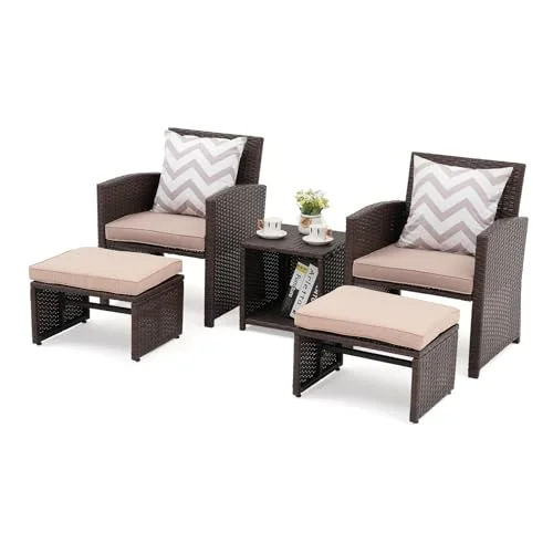 OC Orange-Casual 5 Pcs Patio Conversation Set Balcony Furniture Set with Cushions, Brown Wicker Chair with Ottoman, Storage Table for Backyard, Garden, Porch