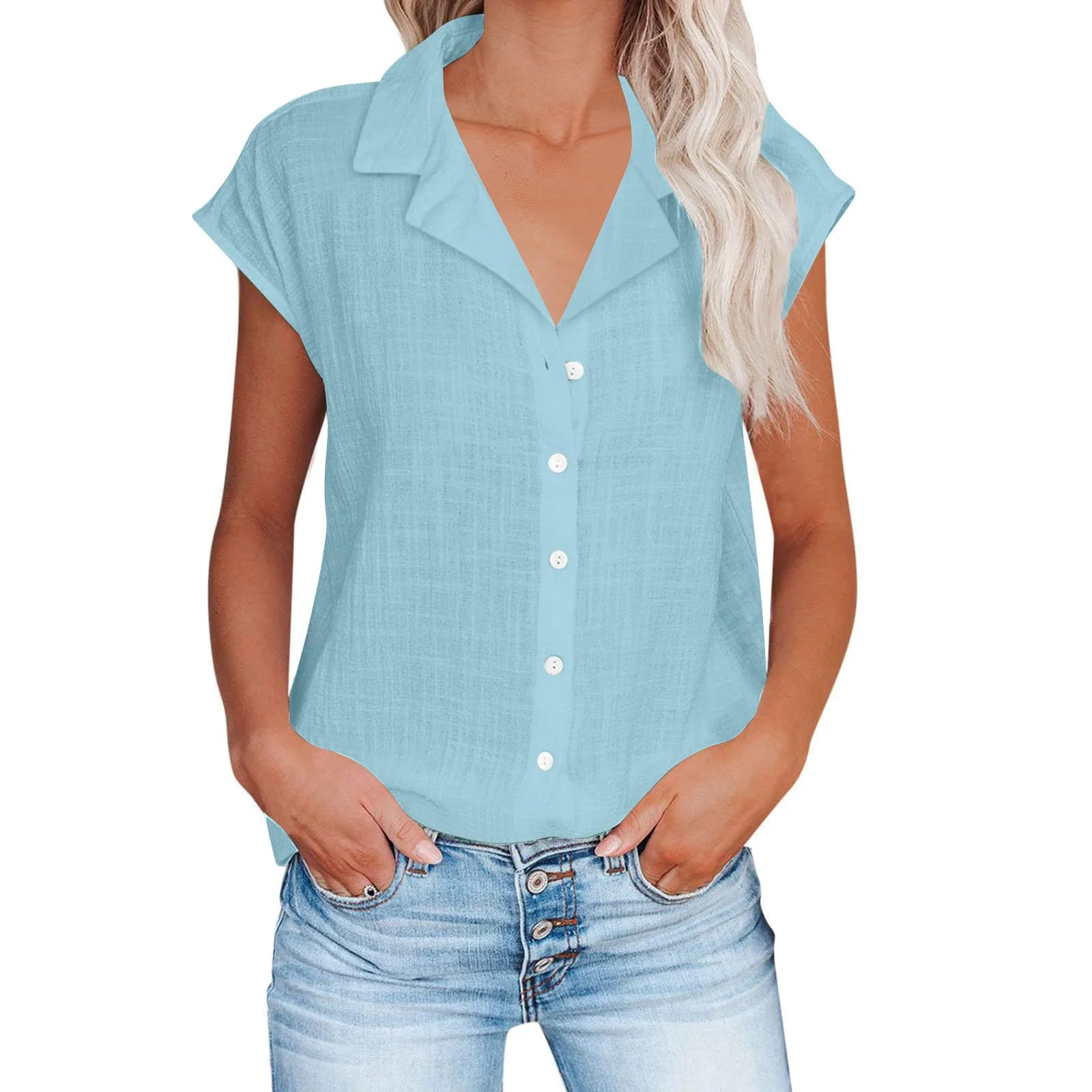 Leinenbluse Damen,Retro Einfarbig Leinenhemd Einreihiges Hemd Kurzarm Revers Hemdbluse Sommer Shirt Bequeme Blusenshirt Locker Oberteile Urlaub Strand Tunika Tops Blusen & Tuniken für Damen Hemden