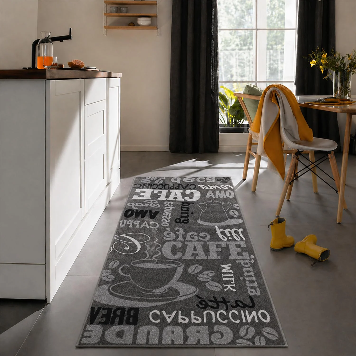 VIMODA Küchenteppich Grau Trendiger Kaffee Teppich, Teppichläufer Kaffee Muster Läufer,Maße:120 x 170 cm