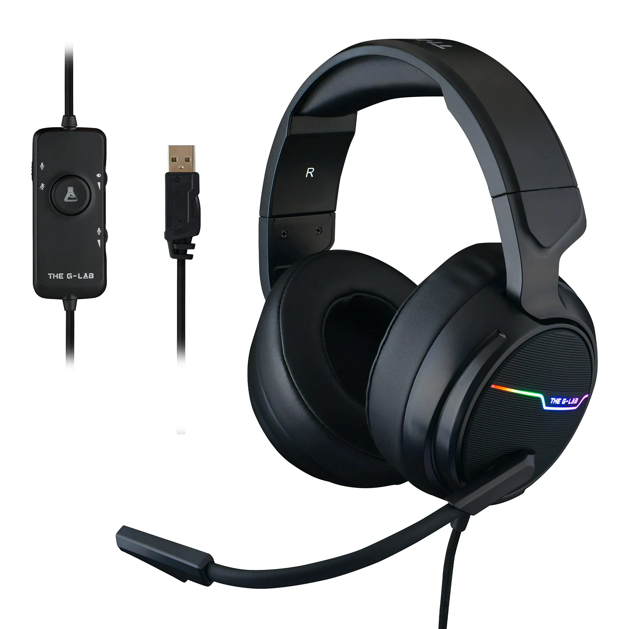 THE G-LAB Korp Thallium Gaming-Kopfhörer, USB, 7.1, Digital Surround - Headset für Gamer, Audio - Mikrofon mit Geräuschreduzierung - LED RGB - kompatibel mit PC PS4 PS5 Mac (Schwarz)